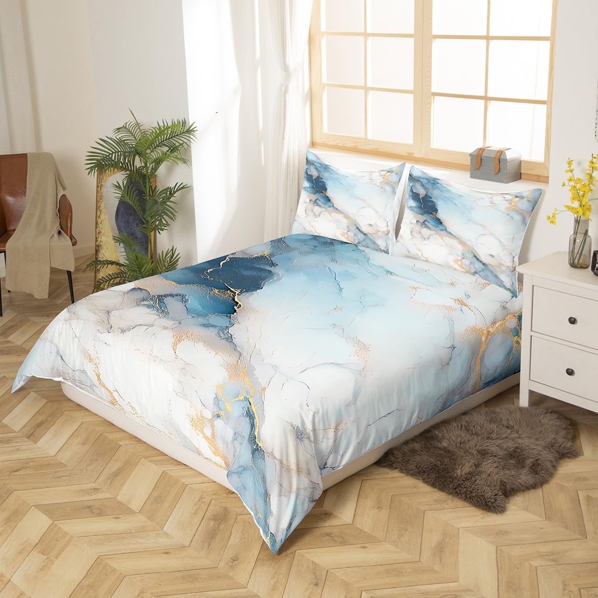 Feelyou Blue Marble Bedding Duvet Cover Set Modern Marble Aesthetic Bedding Set Retro Watercolor Artwork Design Comforter Cover Set Abstract Marble Texture Printed Bedspread Cover King, No Comforter