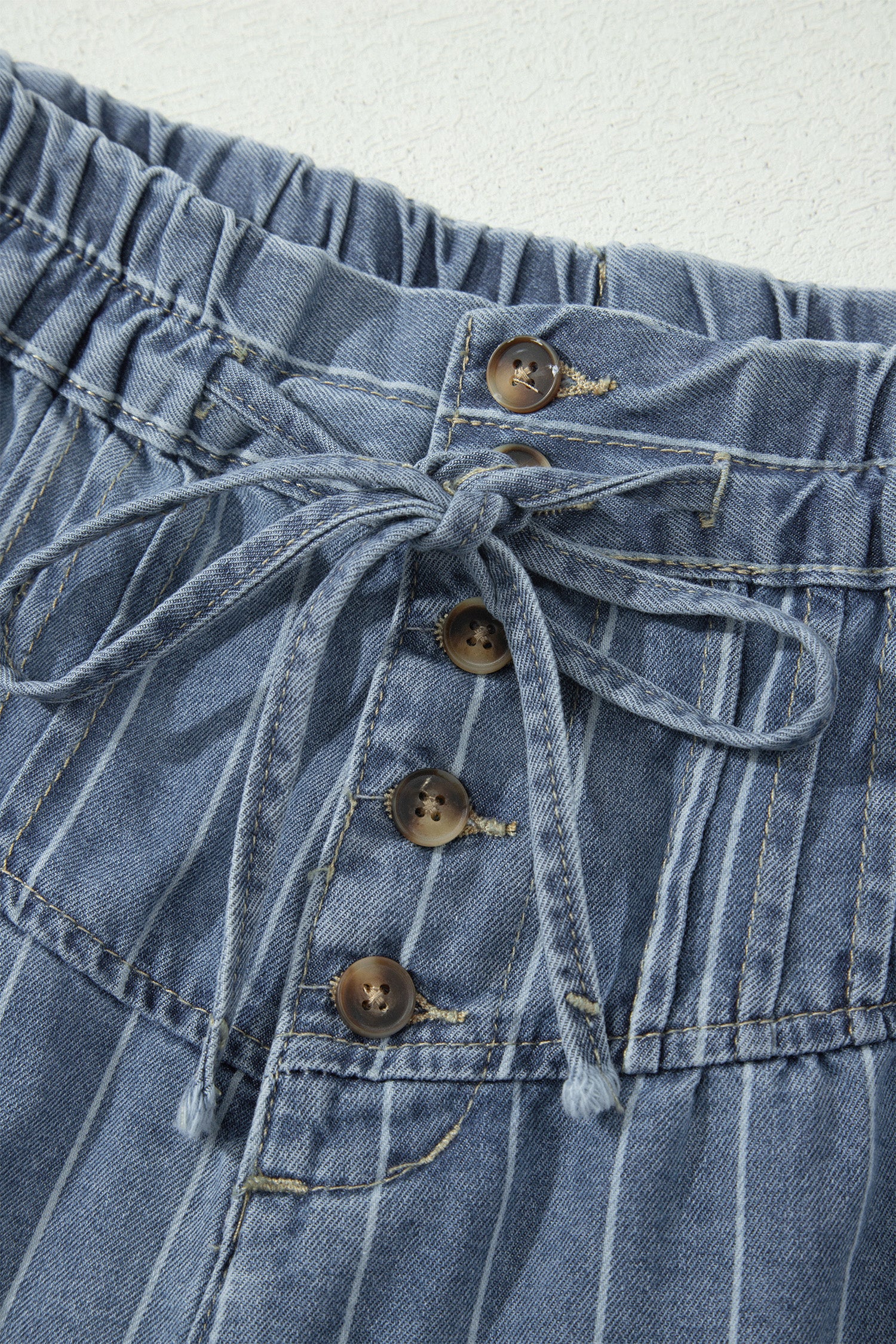 Sky Blue Stripe Drawstring Button Pleated High Waist Denim Shorts