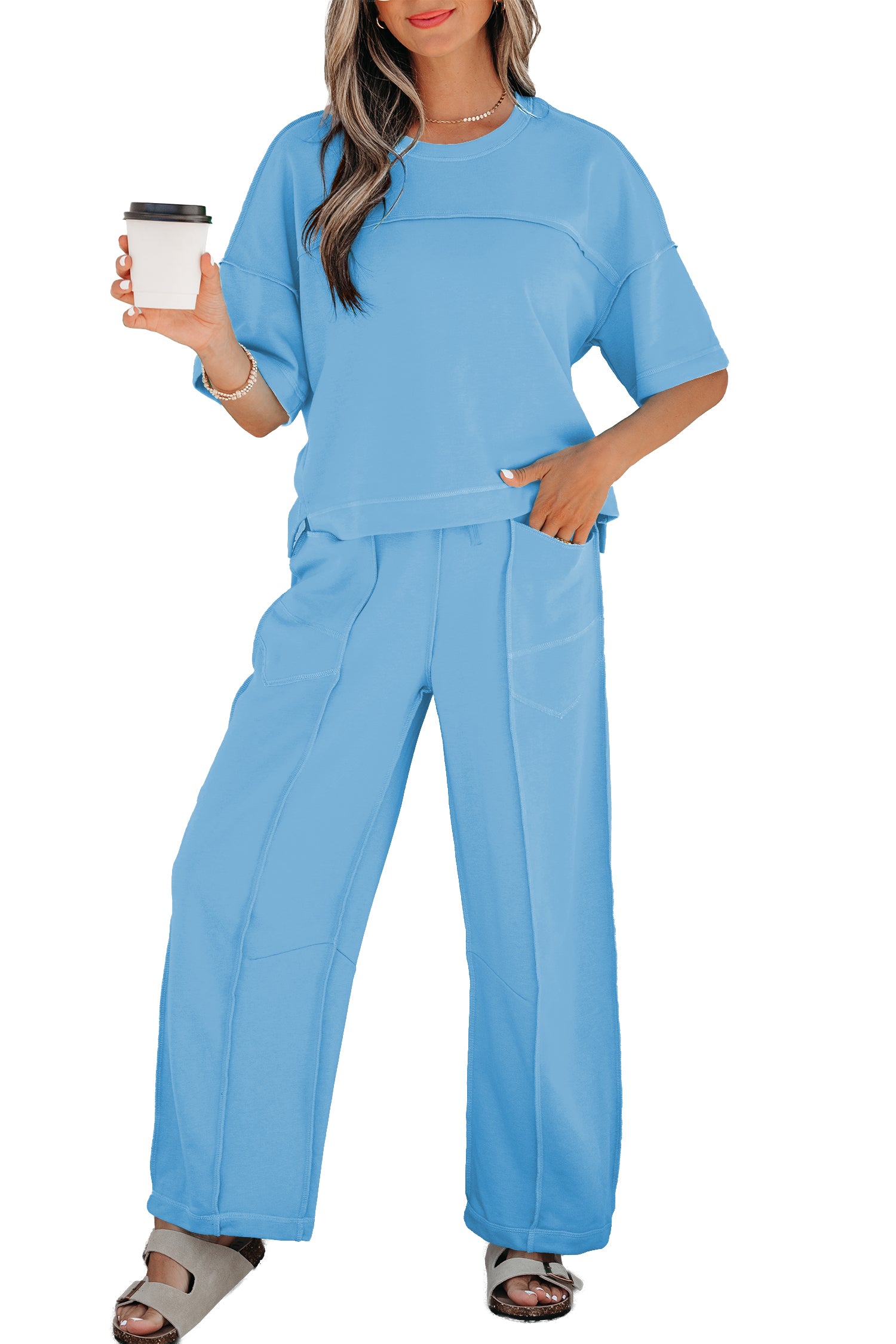 Sky Blue Drop Shoulder Boxy Tee and Barrel Pants Set