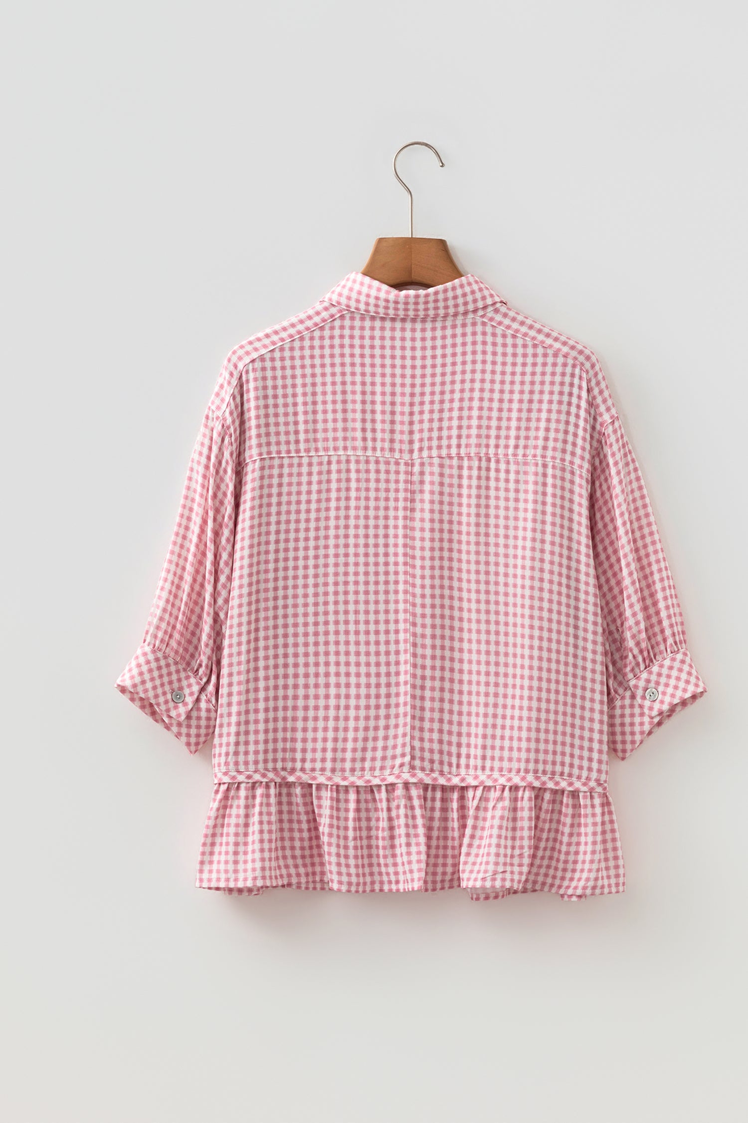 Pink Plaid Half Sleeve Ruffle Hem Button Down Shirt