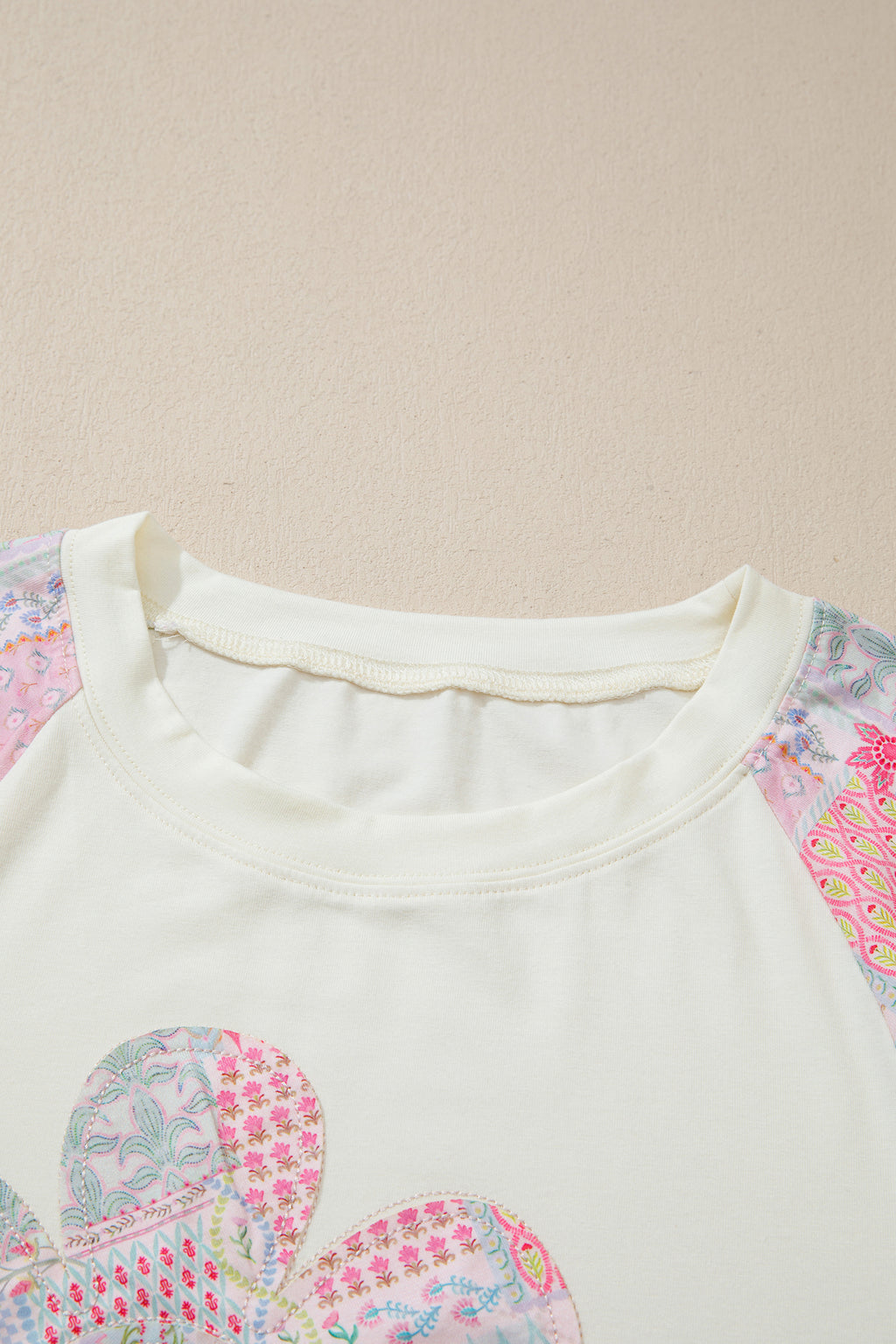 Beige Color Block Retro Floral Patchwork Long Sleeve Top