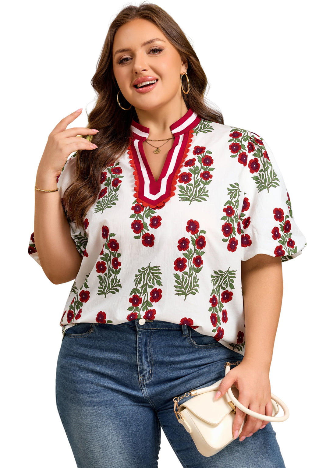 White Plus Size Floral Print Ricrac Striped Trim Short Sleeve Cotton Blouse