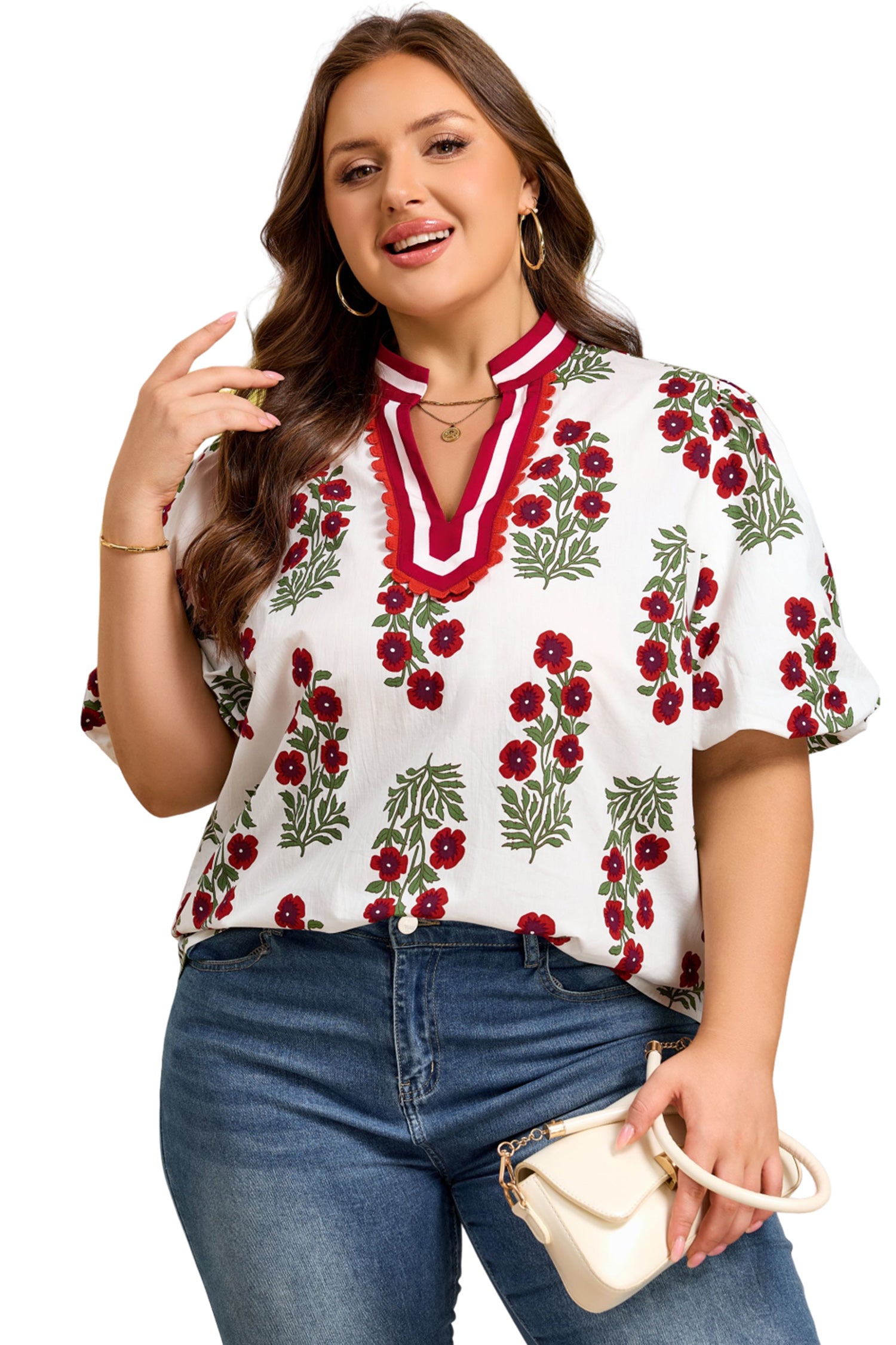 White Plus Size Floral Print Ricrac Striped Trim Short Sleeve Cotton Blouse