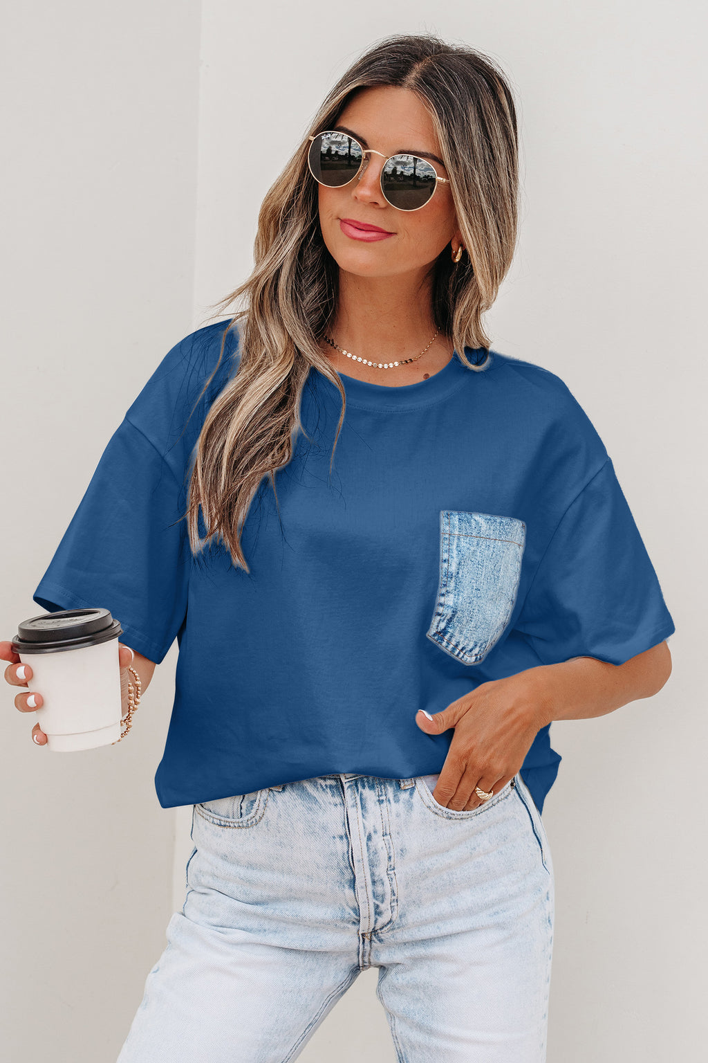 Sail Blue Color Block Chest Pocket Patched Casual Short Sleeve Top