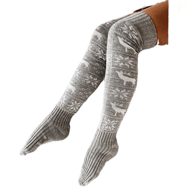 Winter Christmas Warm Knitted Beautiful Elk Snowflake Jacquard Over-the-Knee Casual Long Socks