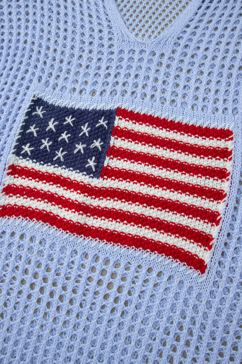 Beau Blue Hollow Out Crochet Knit American Flag Patched Sweater Hoodie