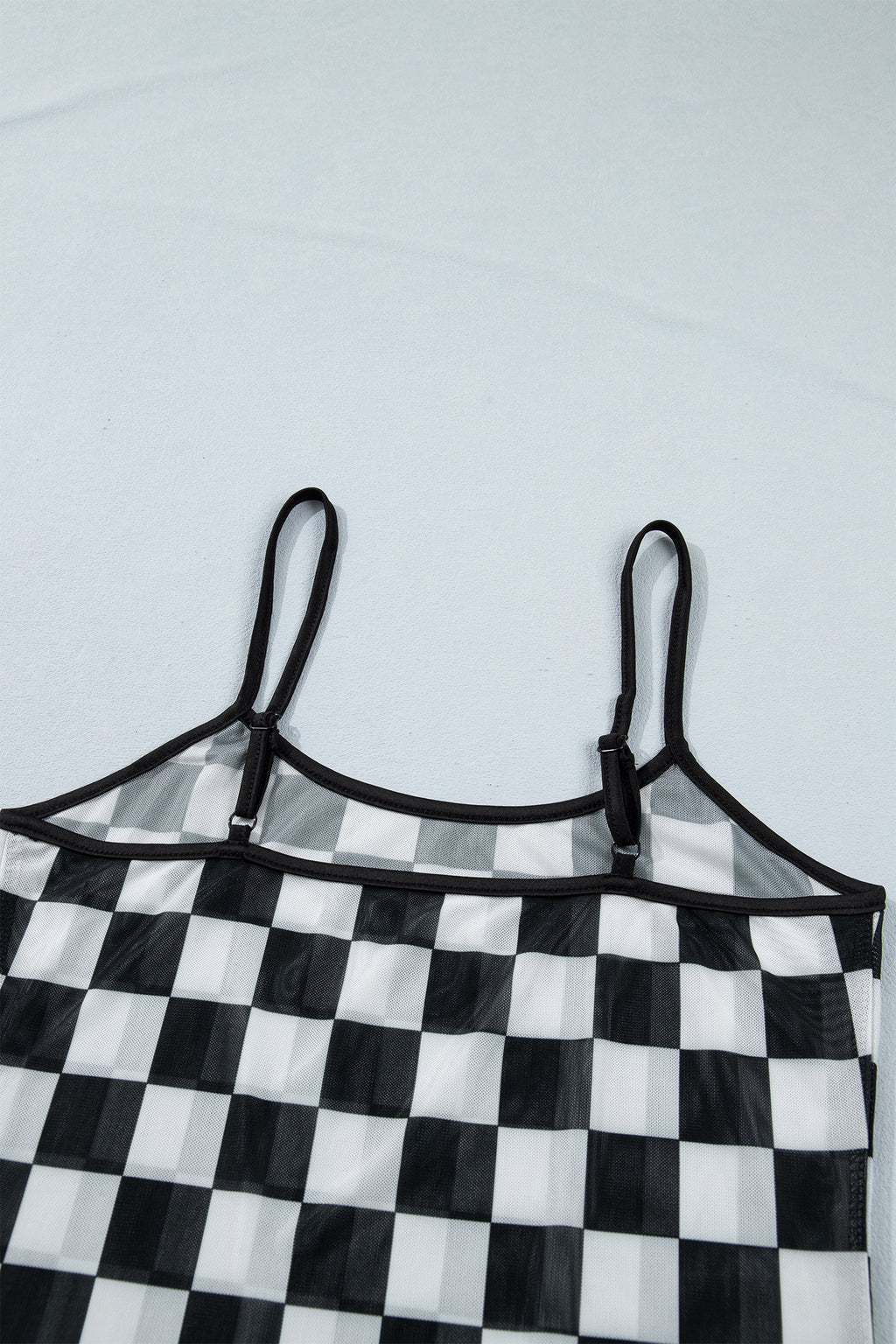 Black Sheer Checkered Print Spaghetti Straps Slim Tank Top