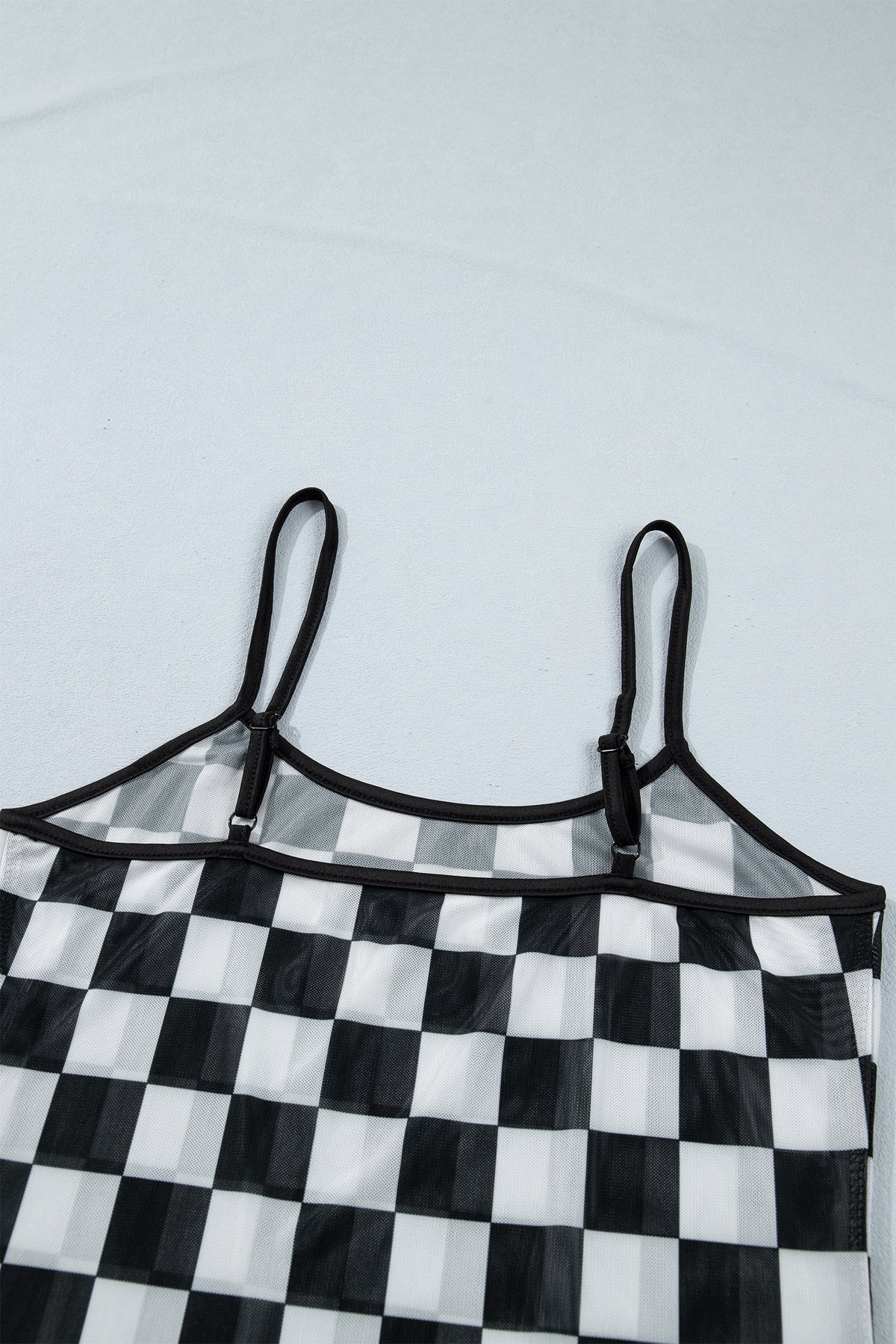 Black Sheer Checkered Print Spaghetti Straps Slim Tank Top