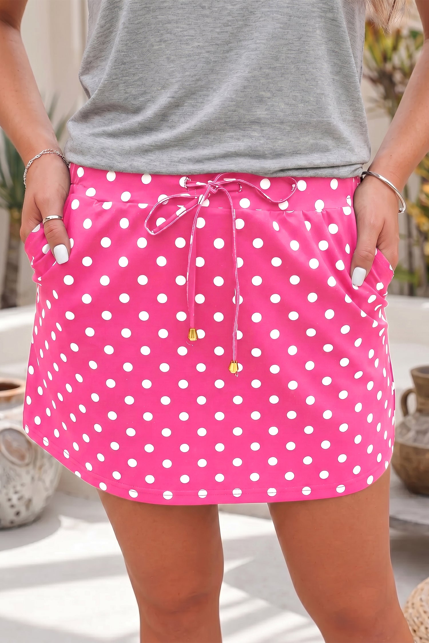 Sachet Pink Polka Dot Drawstring Casual Mini Skort