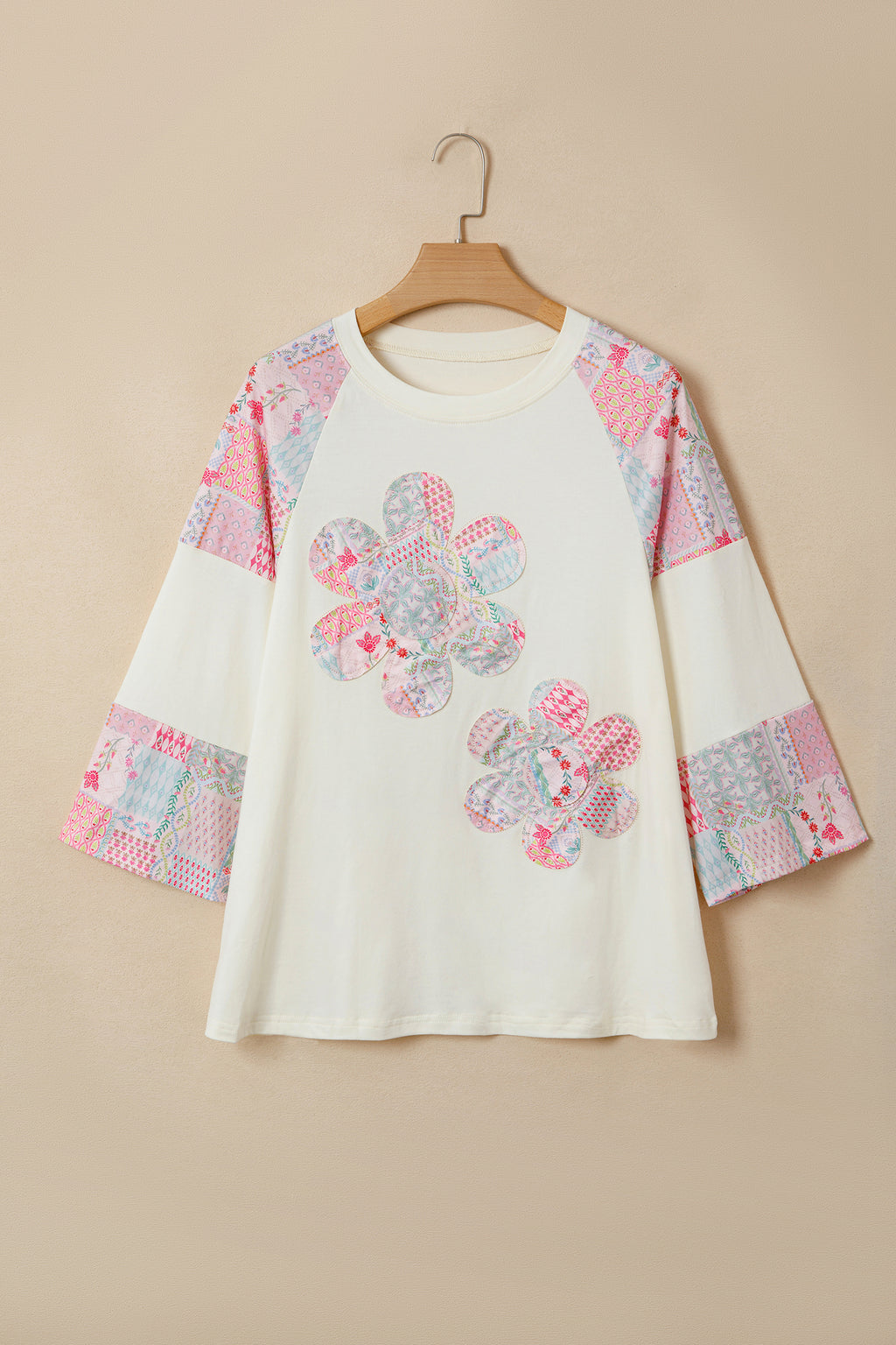 Beige Color Block Retro Floral Patchwork Long Sleeve Top