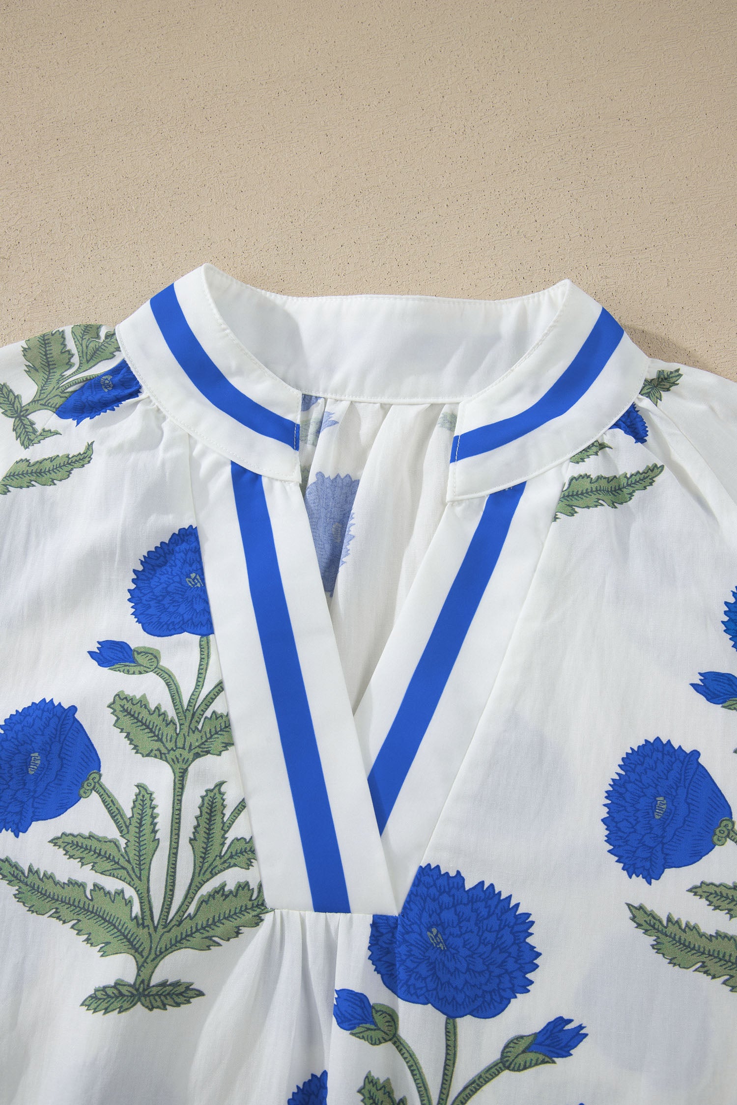 Sky Blue Casual Wild Flower Print V Neck 3/4 Sleeve Blouse
