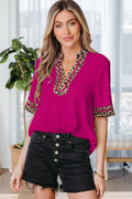 Violet Leopard Patchwork Trim Split Neck Short Sleeve Blouse