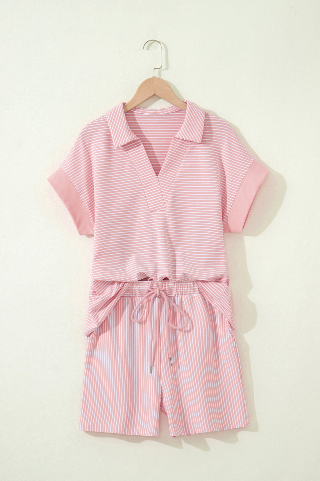 Pink Stripe Dolman Sleeve Polo Shirt and Drawstring Shorts Set