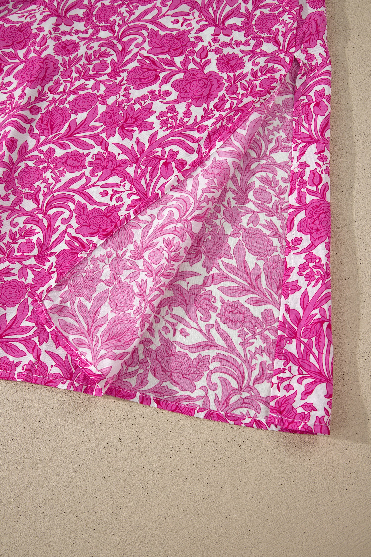 Pink Floral Print Color Block Patchwork V Neck Short Sleeve Midi Dress