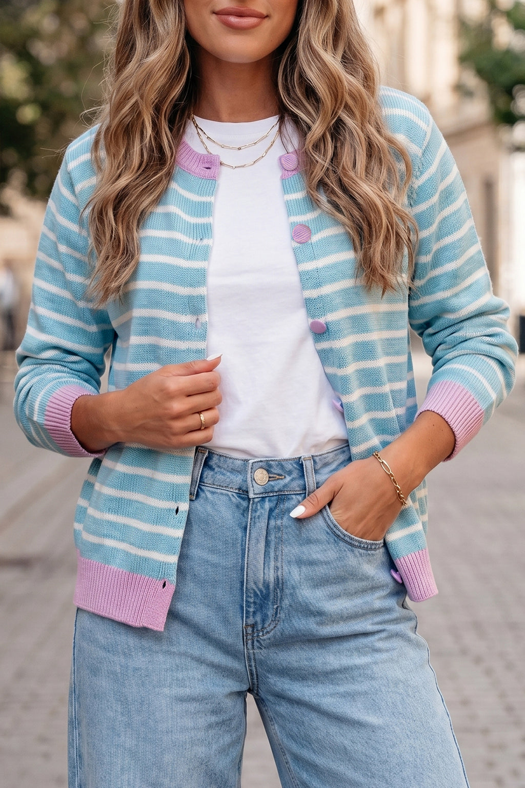 Sky Blue Stripe Striped Long Sleeve Round Neck Open Front Cardigan