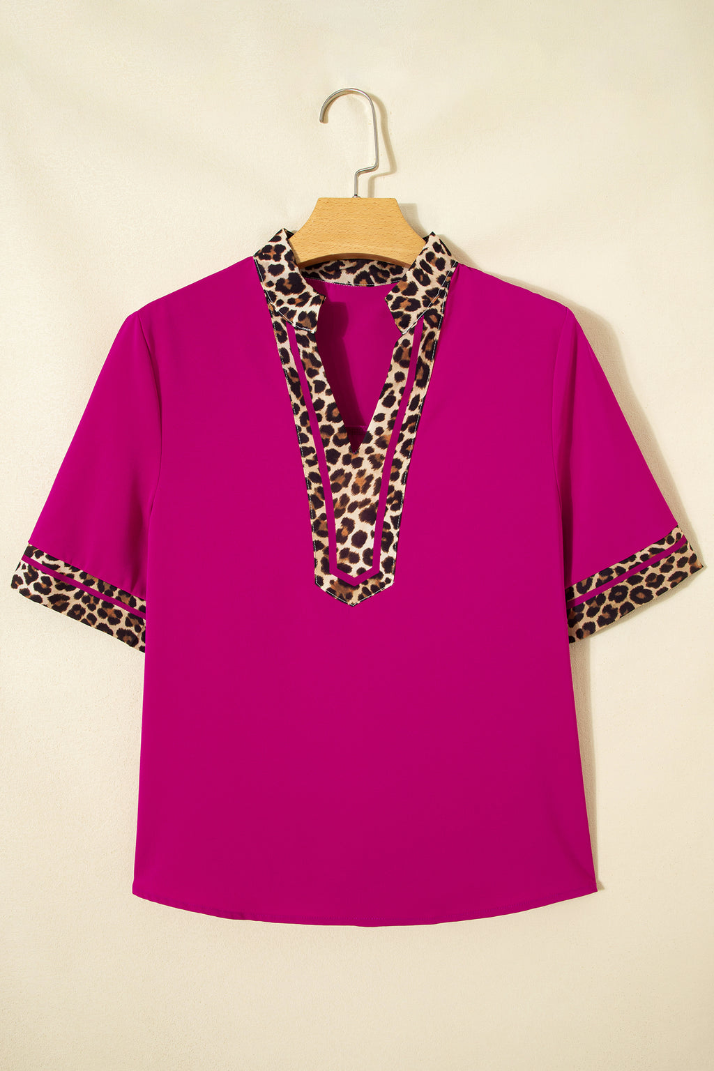 Violet Leopard Patchwork Trim Split Neck Short Sleeve Blouse