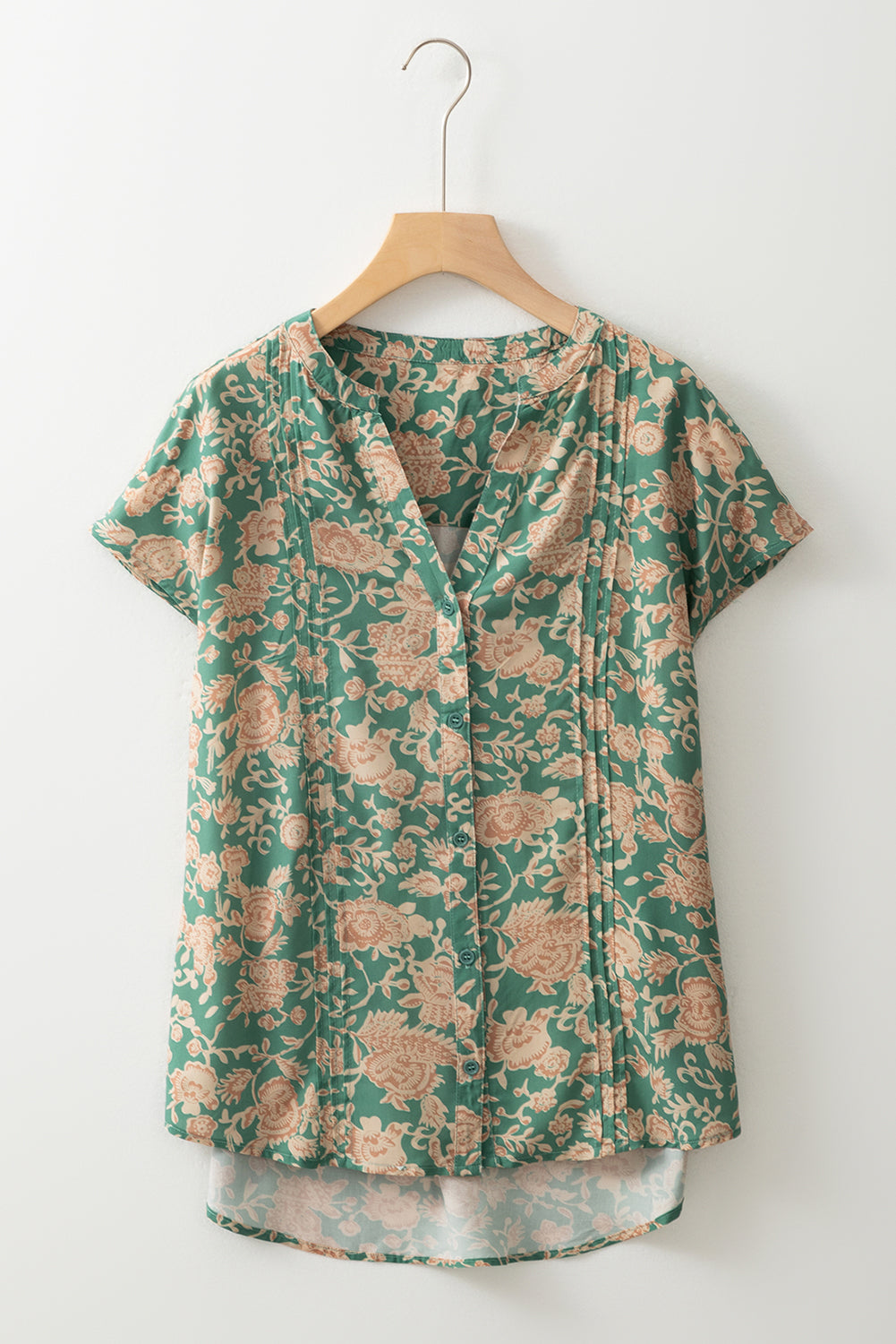 Green Floral Print Pleated Buttoned V Neck Short Sleeve Blouse