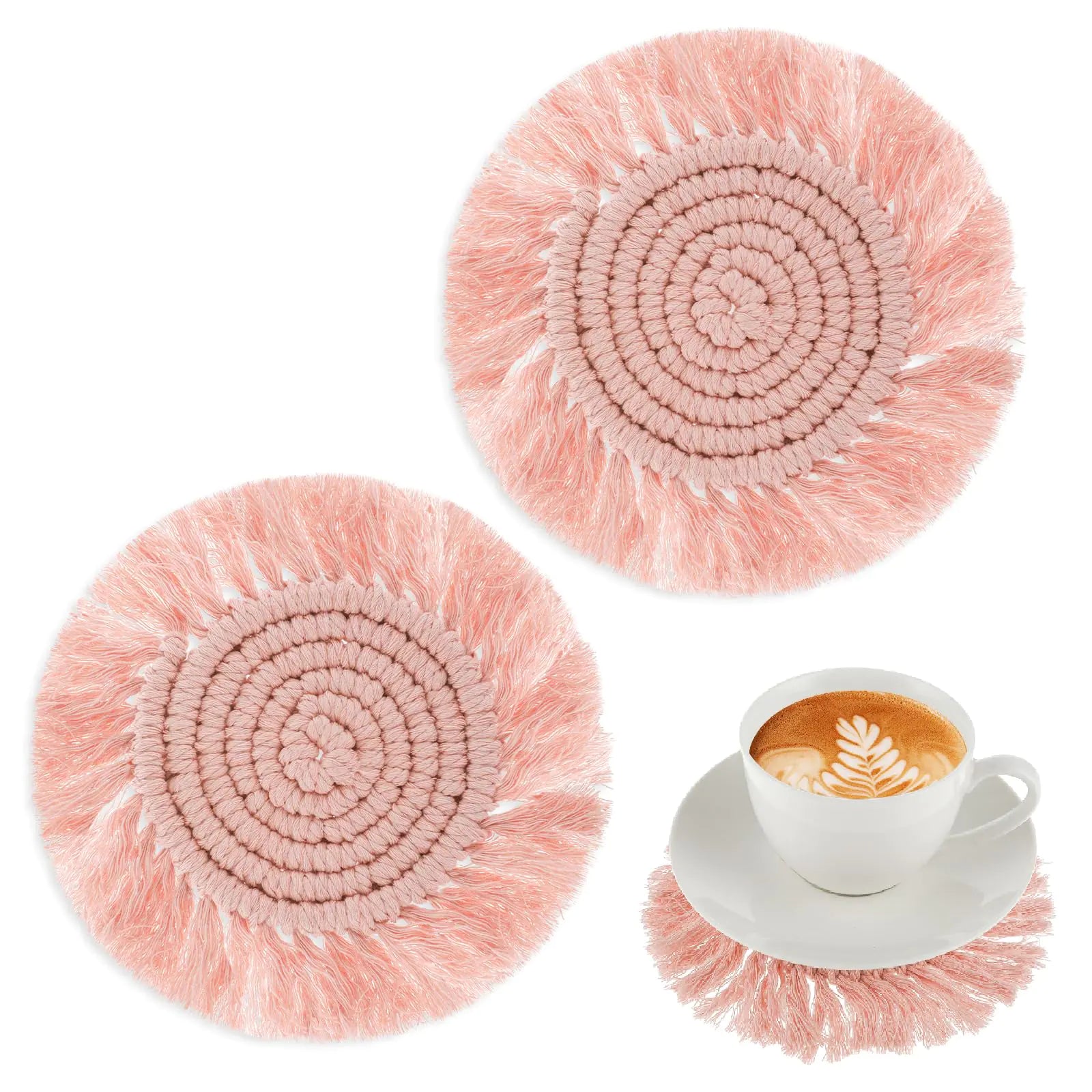 2 Pieces Boho Coasters Cute Macrame Coasters Set of 2 Pink for Desk Coffee Table Drinks Temperatures Desk Decor Fits Mugs and Cups Housewarming Home Decoration