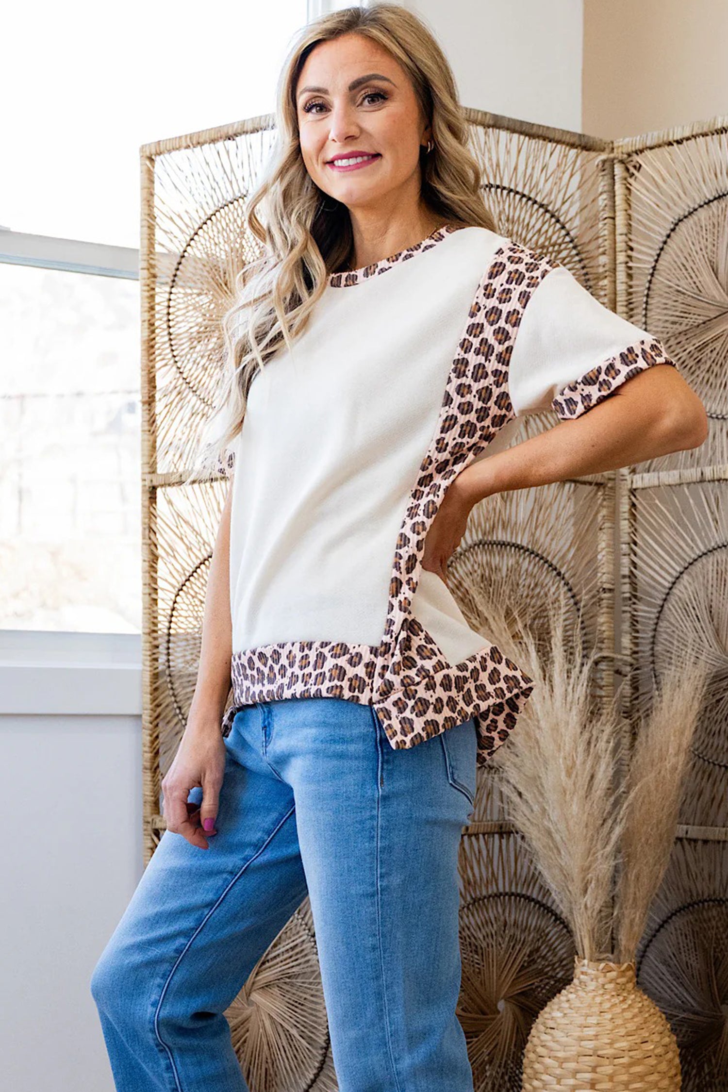 White Ribbed Leopard Patchwork Uneven Hem T Shirt
