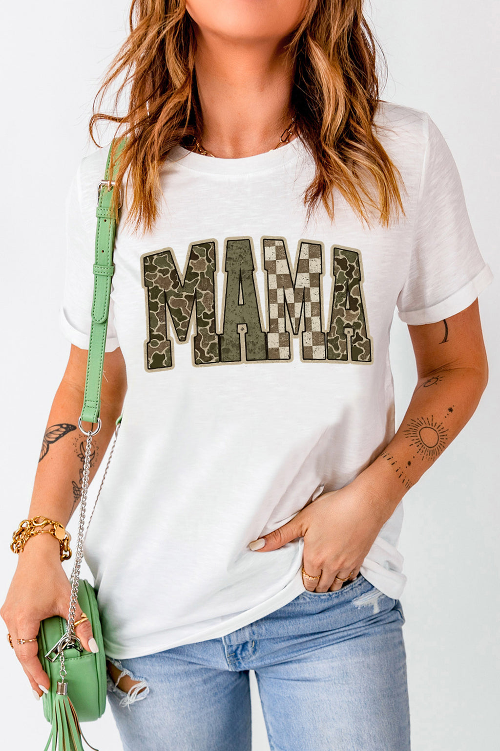 White MAMA Mixed Pattern Lettering T Shirt