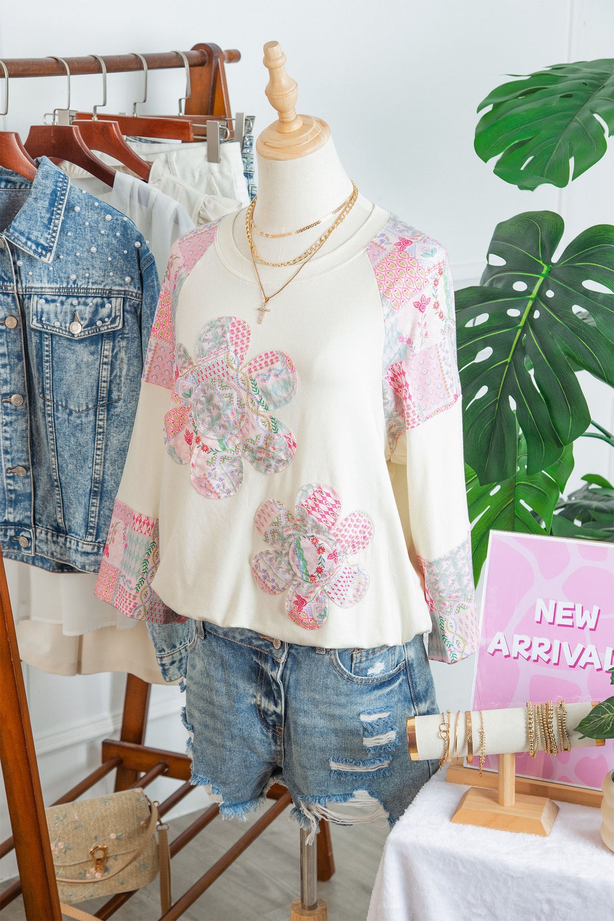Beige Color Block Retro Floral Patchwork Long Sleeve Top