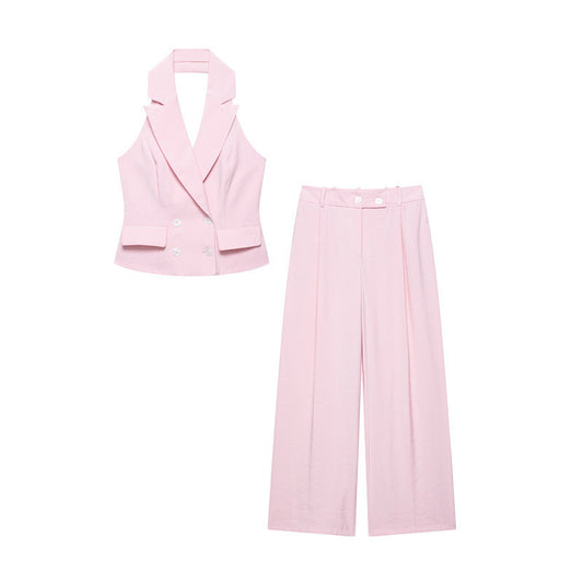 Women's Double Breasted Hanging Collar Vest Wide Back Pants