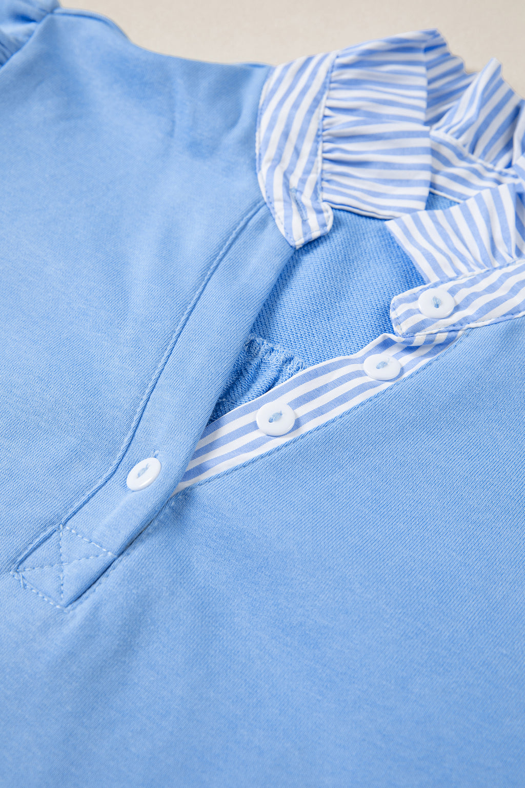 Sky Blue Striped Frilled Collar Short Sleeve Blouse