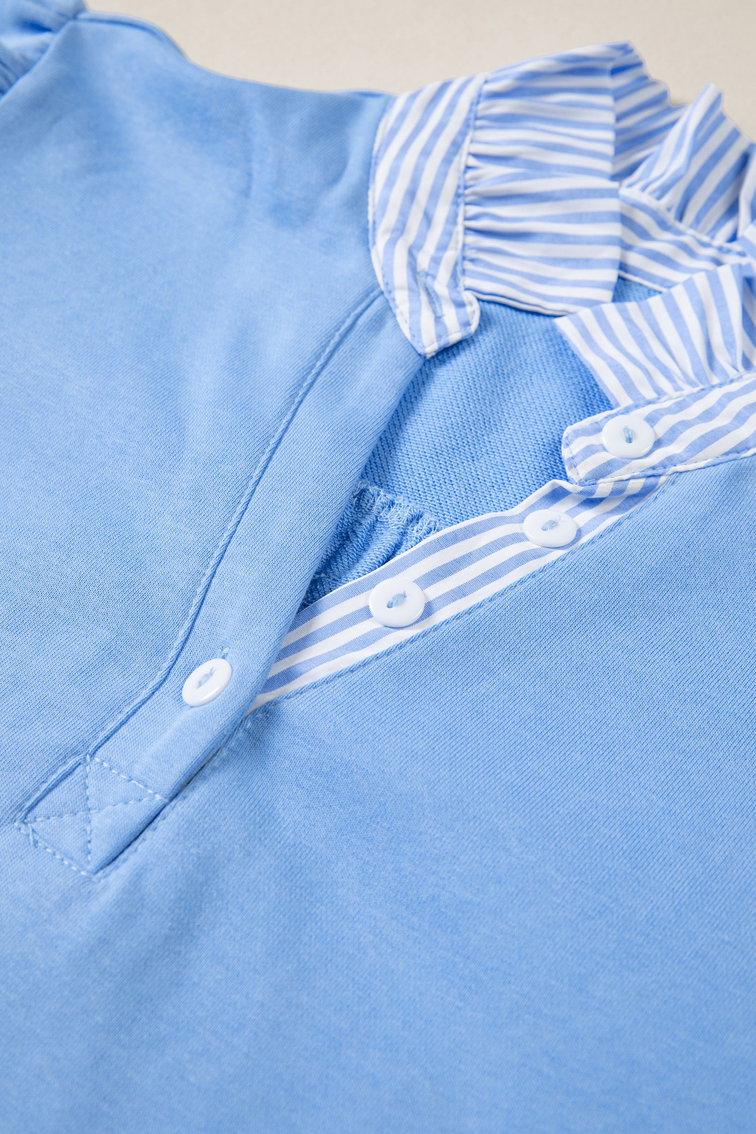 Sky Blue Striped Frilled Collar Short Sleeve Blouse