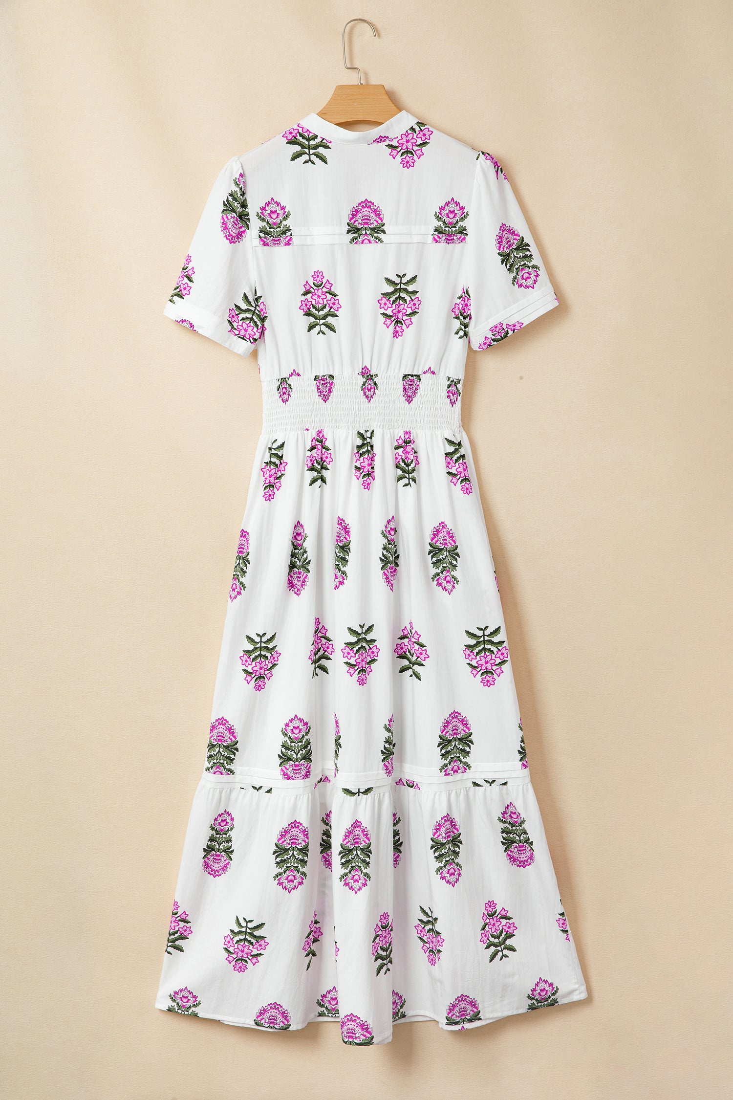 White Floral Print Split Neck Shirred High Waist Ruffle Hem Maxi Dress
