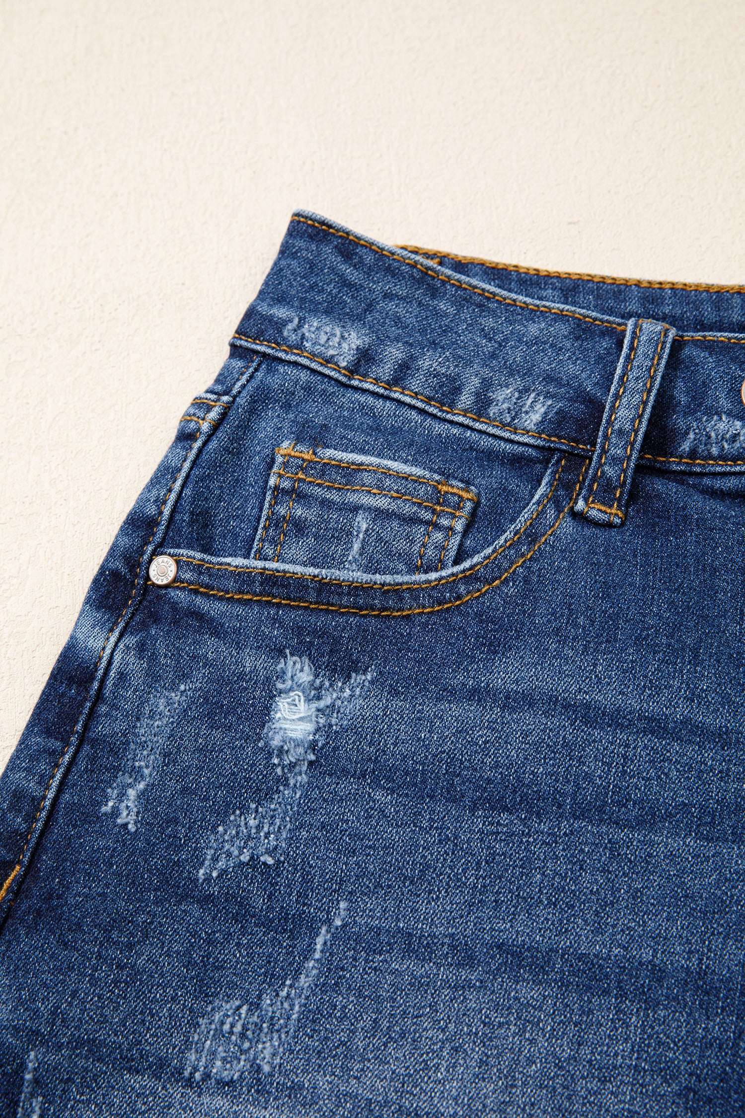 Sail Blue Asymmetric Raw Hem Distressed Whiskery Denim Shorts