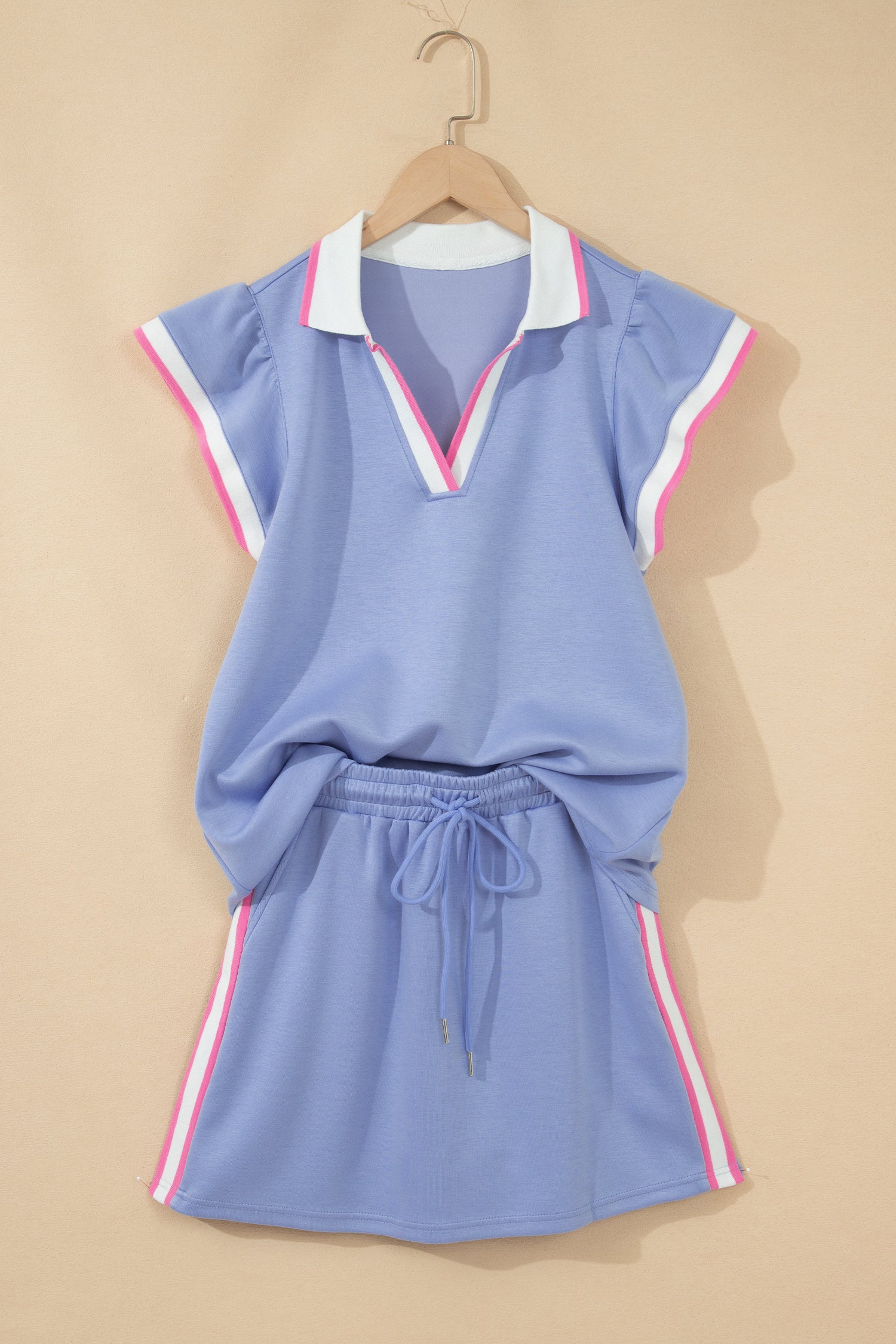 Sky Blue Preppy Striped Trim V Neck Polo Tee Drawstring Skirt Set