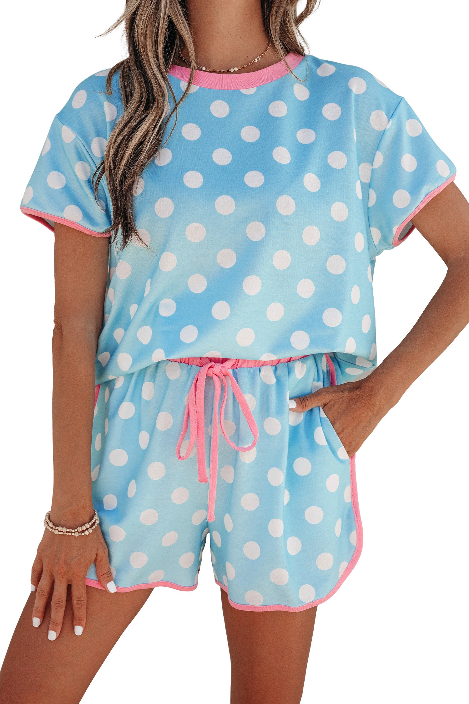 Sky Blue Polka Dot Contrast Edge Casual Short Set