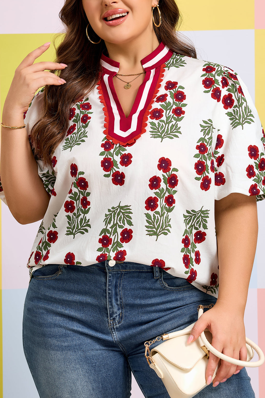 White Plus Size Floral Print Ricrac Striped Trim Short Sleeve Cotton Blouse