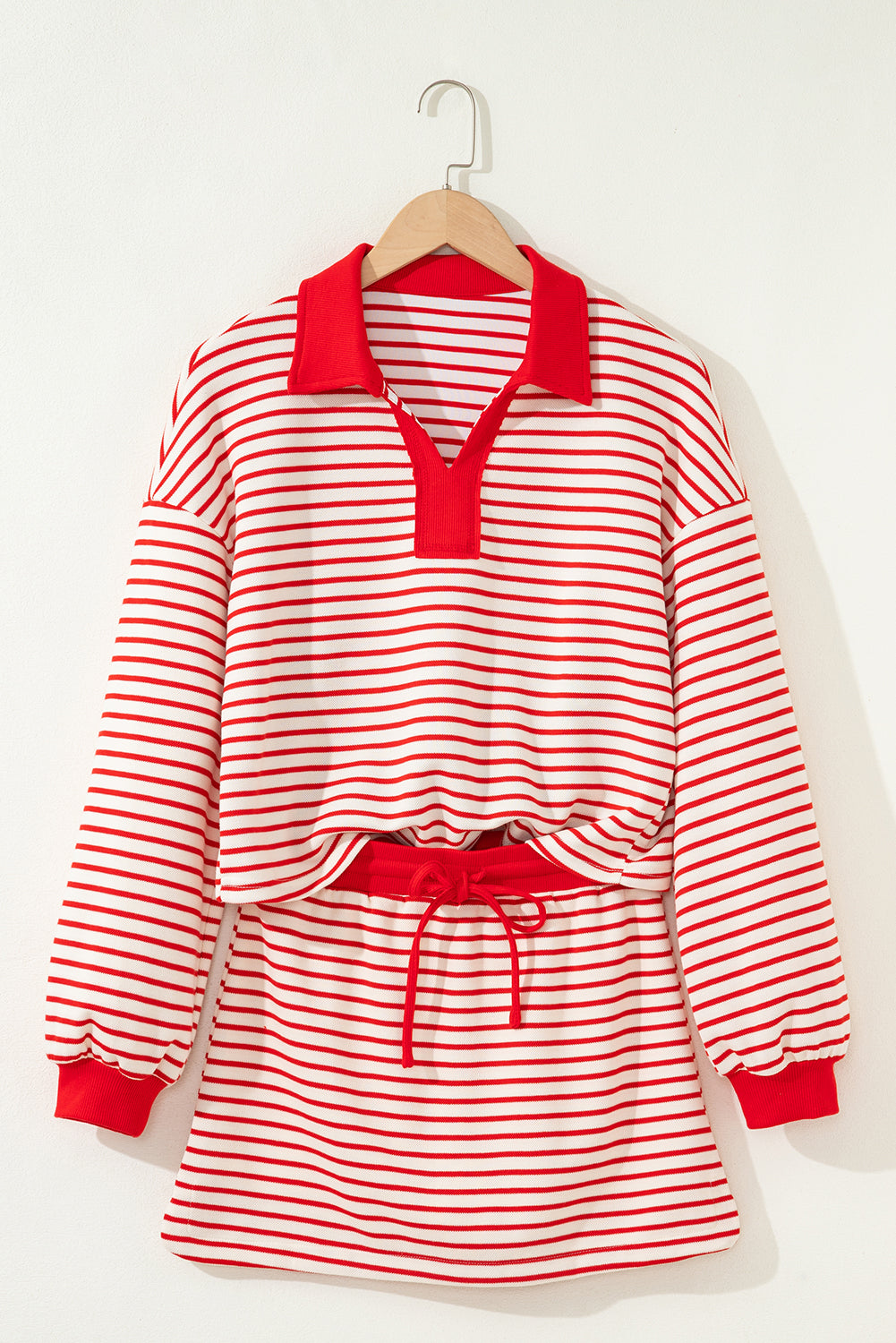 Red Stripe Collared V Neck Drop Shoulder Pullover and Skort 2pcs Outfit