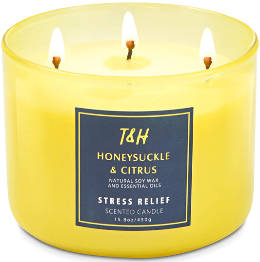 Large 3-Wick Aromatherapy Scented Candles for Home - Honeysuckle Citrus Stress Relief Candle with Grapefruit & Mint - Natural Soy Candles Clean Burning - Relaxing Candle