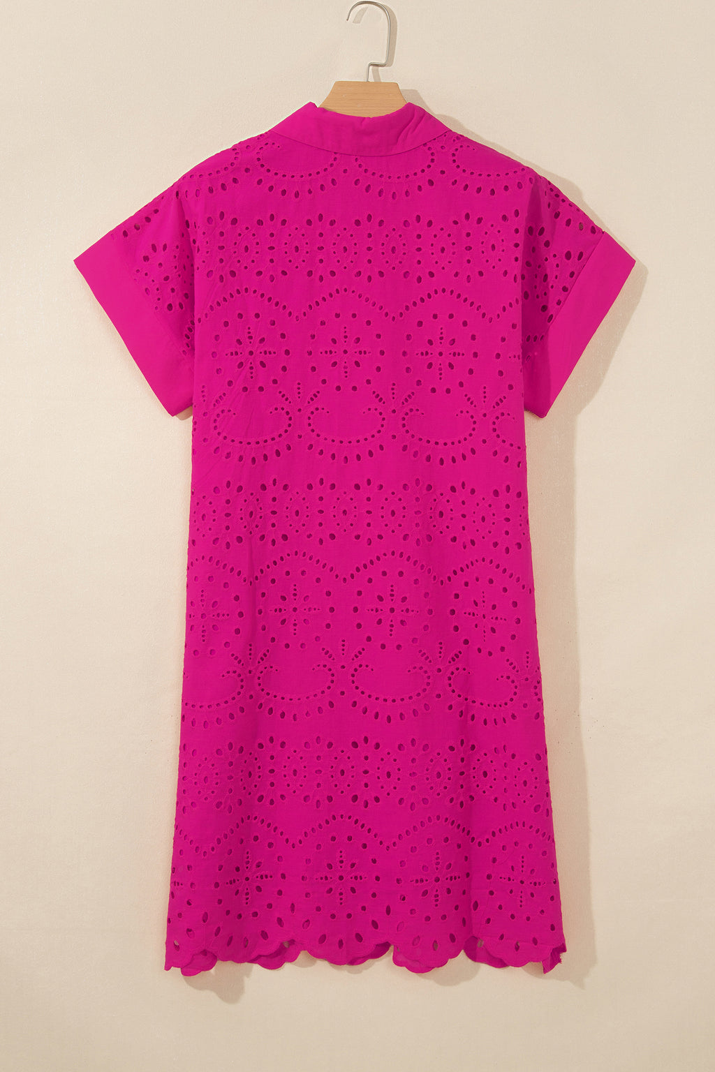 Rose Red Solid Color Eyelet Embroidered T Shirt Mini Dress