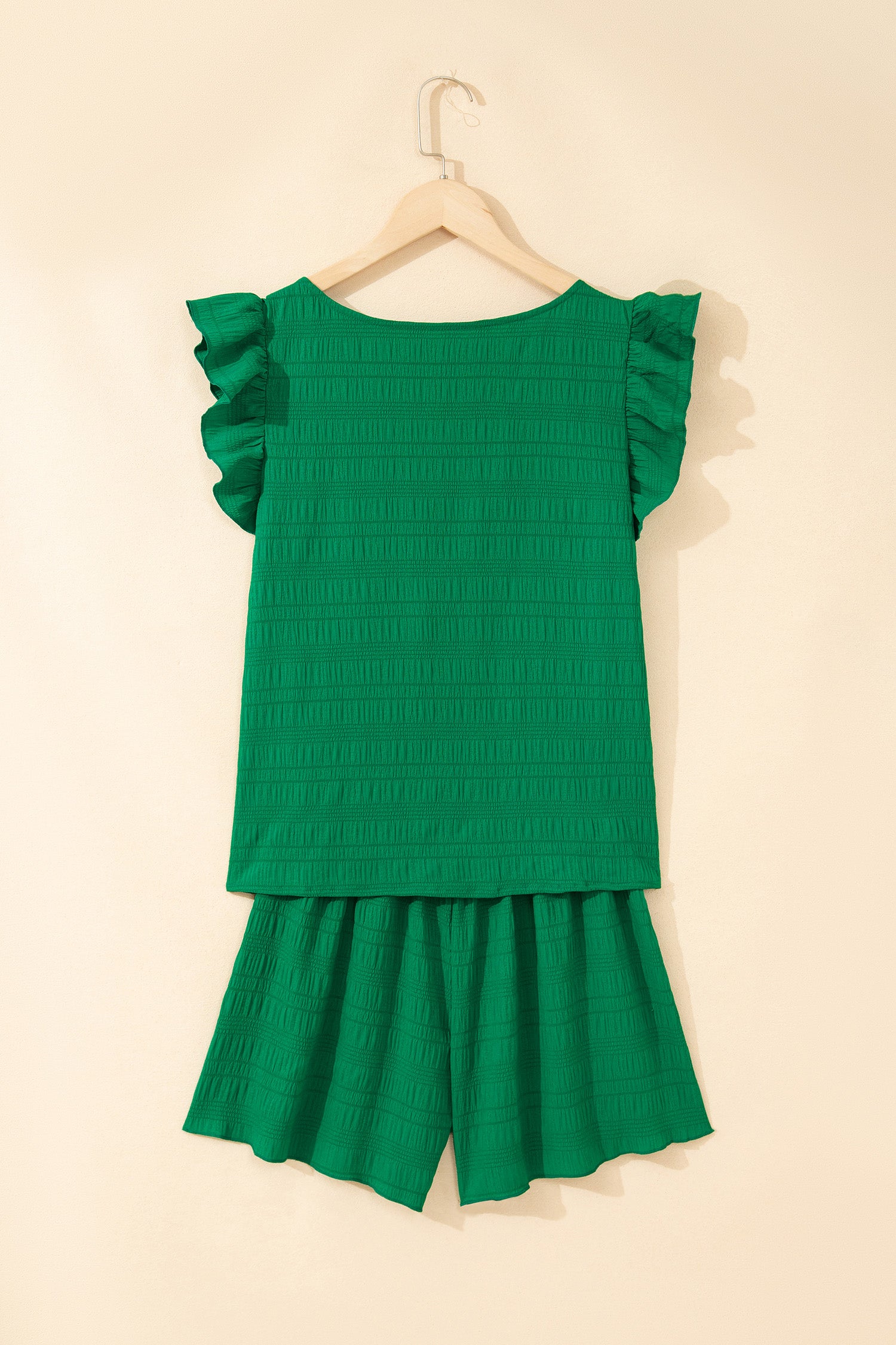 Dark Green Textured Square Neck Top and Shirred High Waist Shorts Set