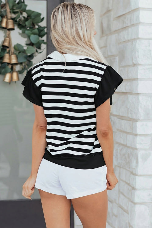 Black Stripe Collar V Neck Ruffled Short Sleeve Blouse