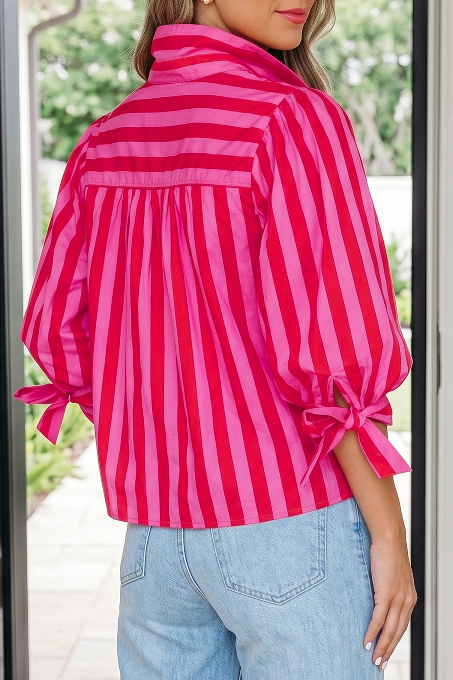 Red Stripe Tie Puff Sleeve Womens Button Down Shirt