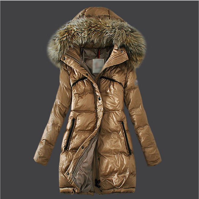 Imitation Raccoon Fur Collar Thick Plus Size Slim Down Padded Jacket Mid-Length