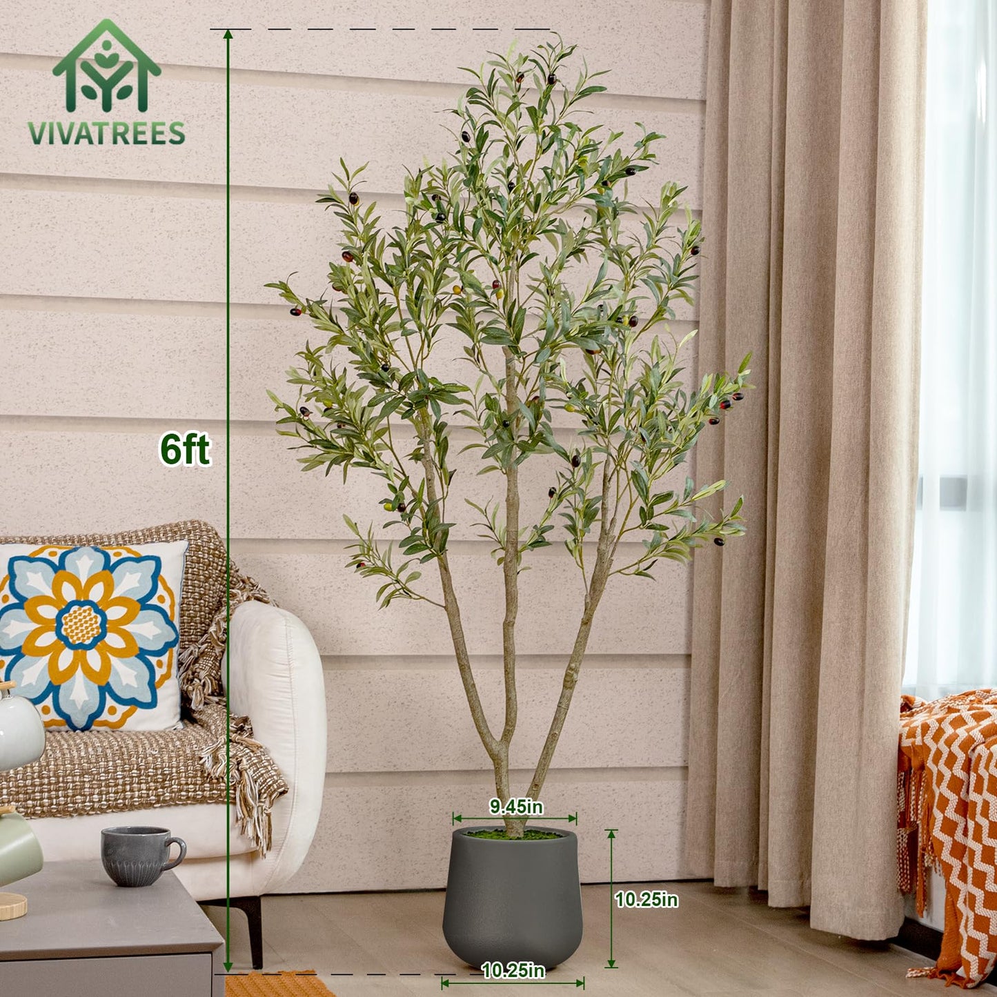 Olive Trees Artificial Indoor, 5FT Tall Faux Olive Tree with White Tall Planter, Artificial Plants with Natural Wood Trunk and Lifelike Fruits for Home Office Decor