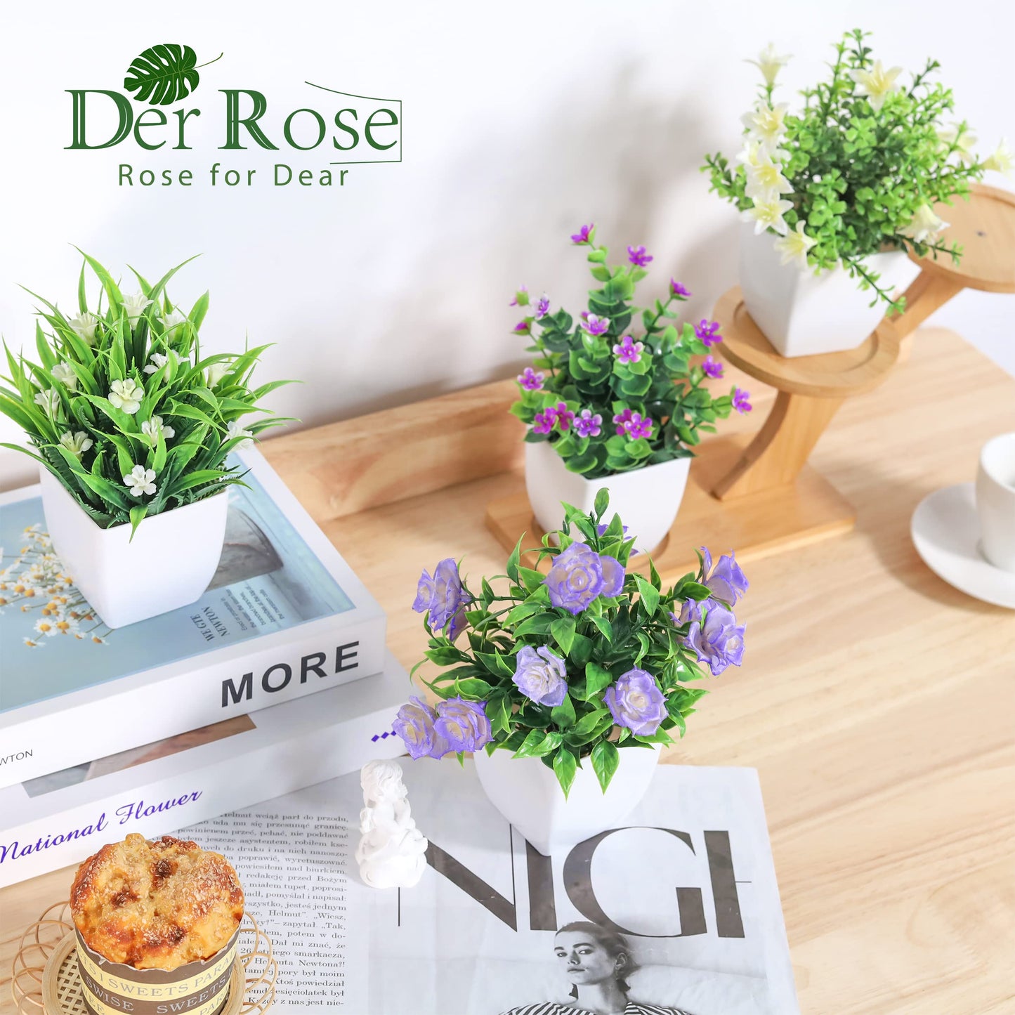 Der Rose 4 Pack Small Fake Plants Mini Artificial Faux Plants with Flowers for Home Room Farmhouse Bathroom Decor Indoor