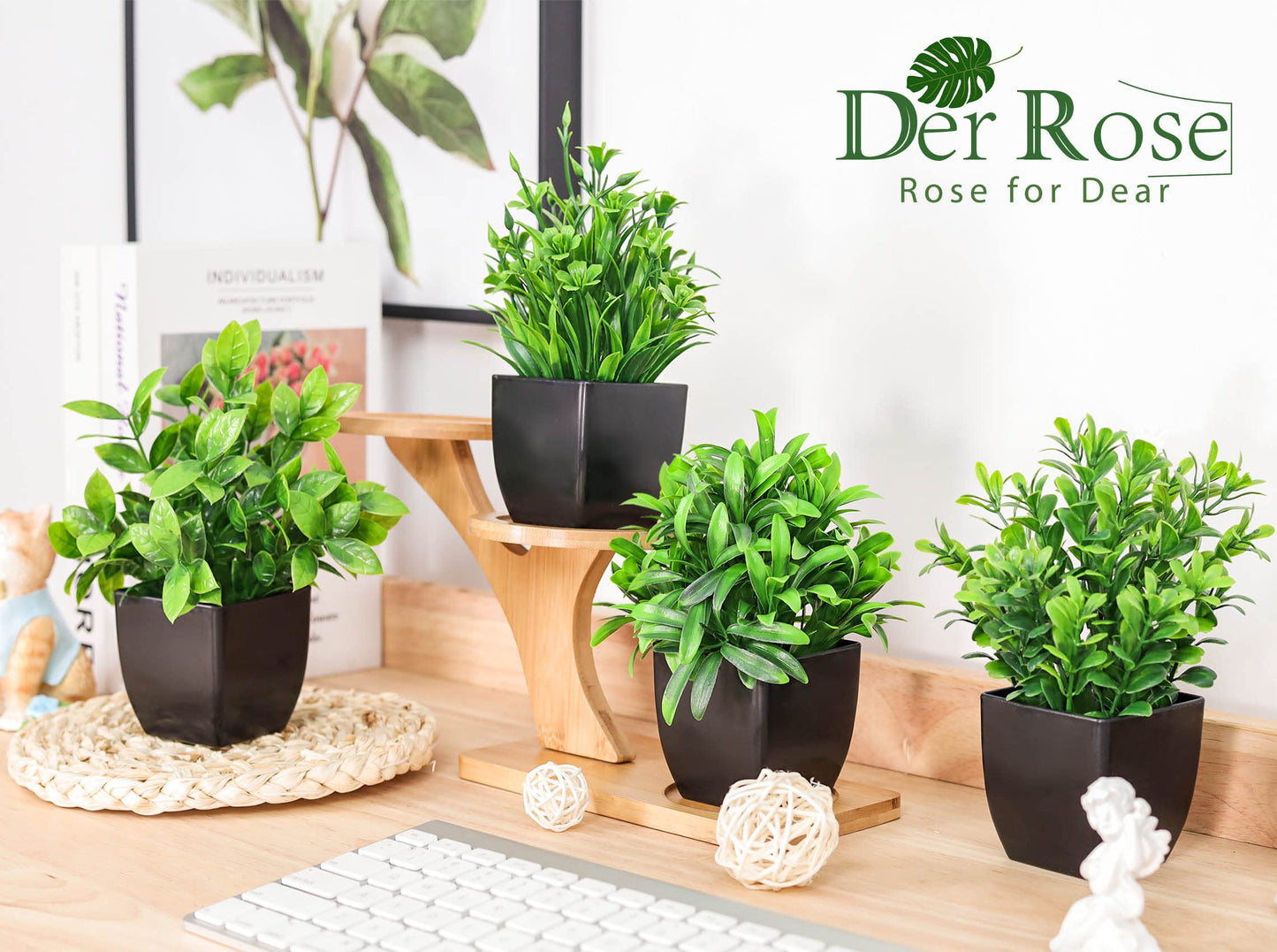 Der Rose Fake Plants 4 Packs Artificial Plants Small Faux Plants Black Bathroom Accessories for Bathroom Home Office Desk Decor Indoor