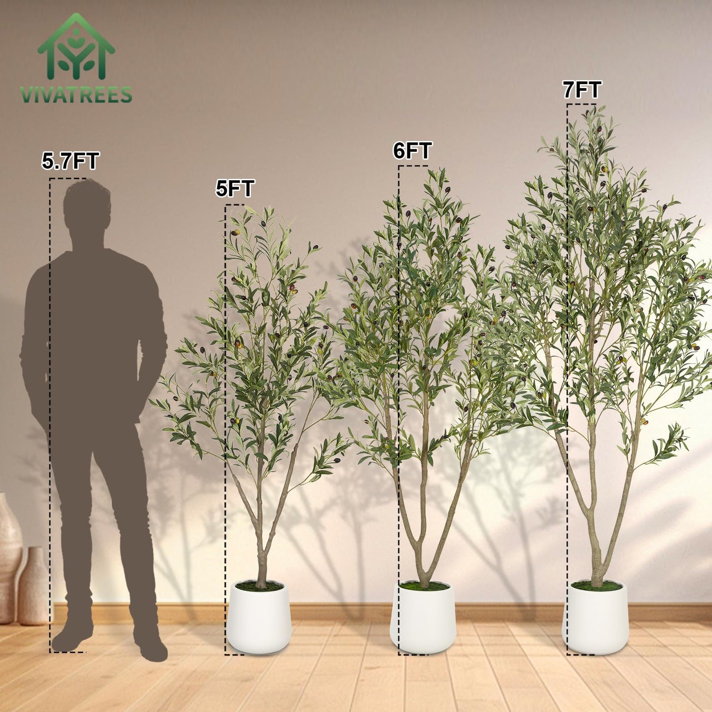 Olive Trees Artificial Indoor, 5FT Tall Faux Olive Tree with White Tall Planter, Artificial Plants with Natural Wood Trunk and Lifelike Fruits for Home Office Decor