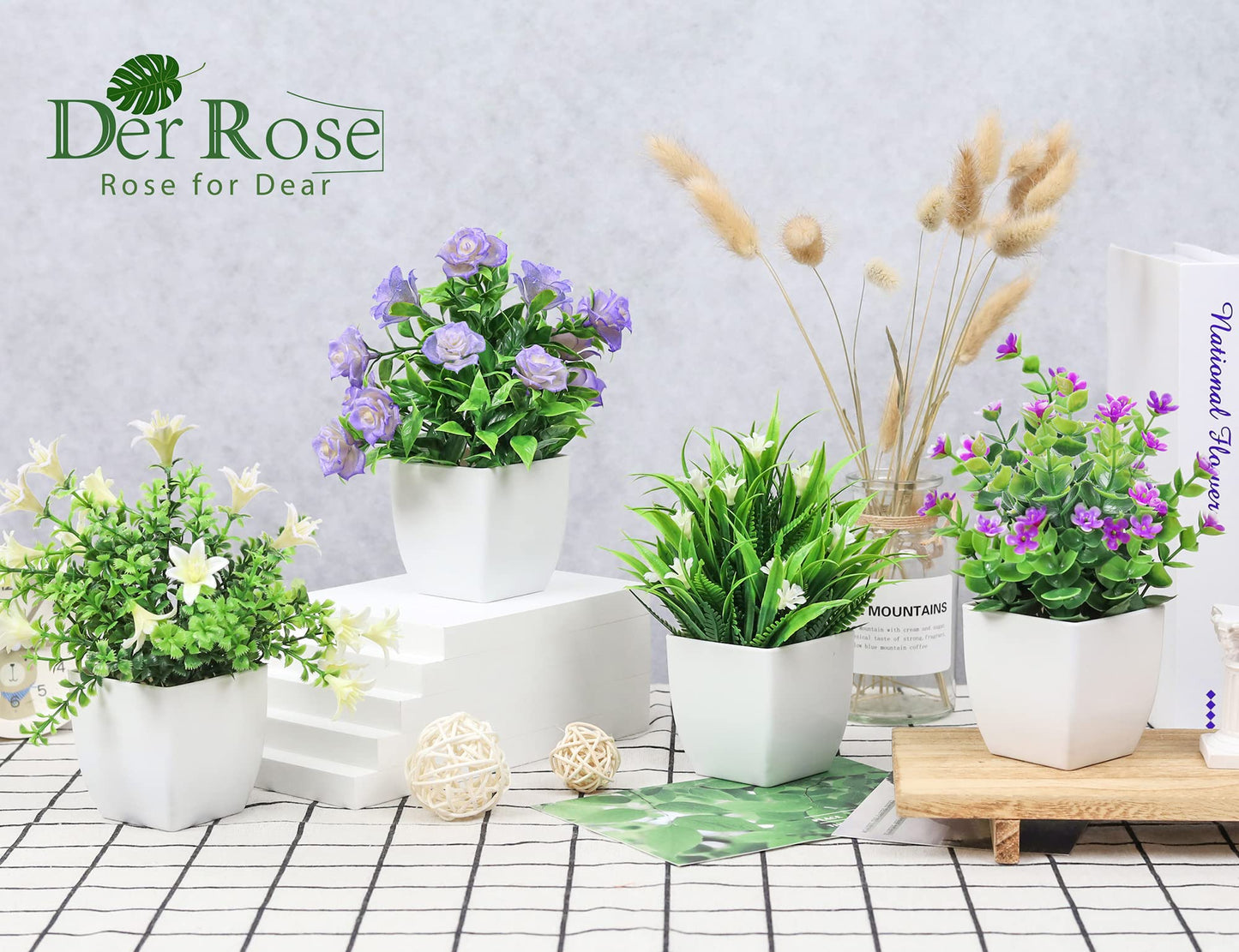 Der Rose 4 Pack Small Fake Plants Mini Artificial Faux Plants with Flowers for Home Room Farmhouse Bathroom Decor Indoor