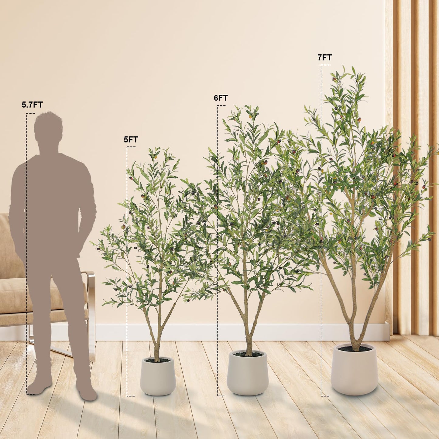 Olive Trees Artificial Indoor, 5FT Tall Faux Olive Tree with White Tall Planter, Artificial Plants with Natural Wood Trunk and Lifelike Fruits for Home Office Decor