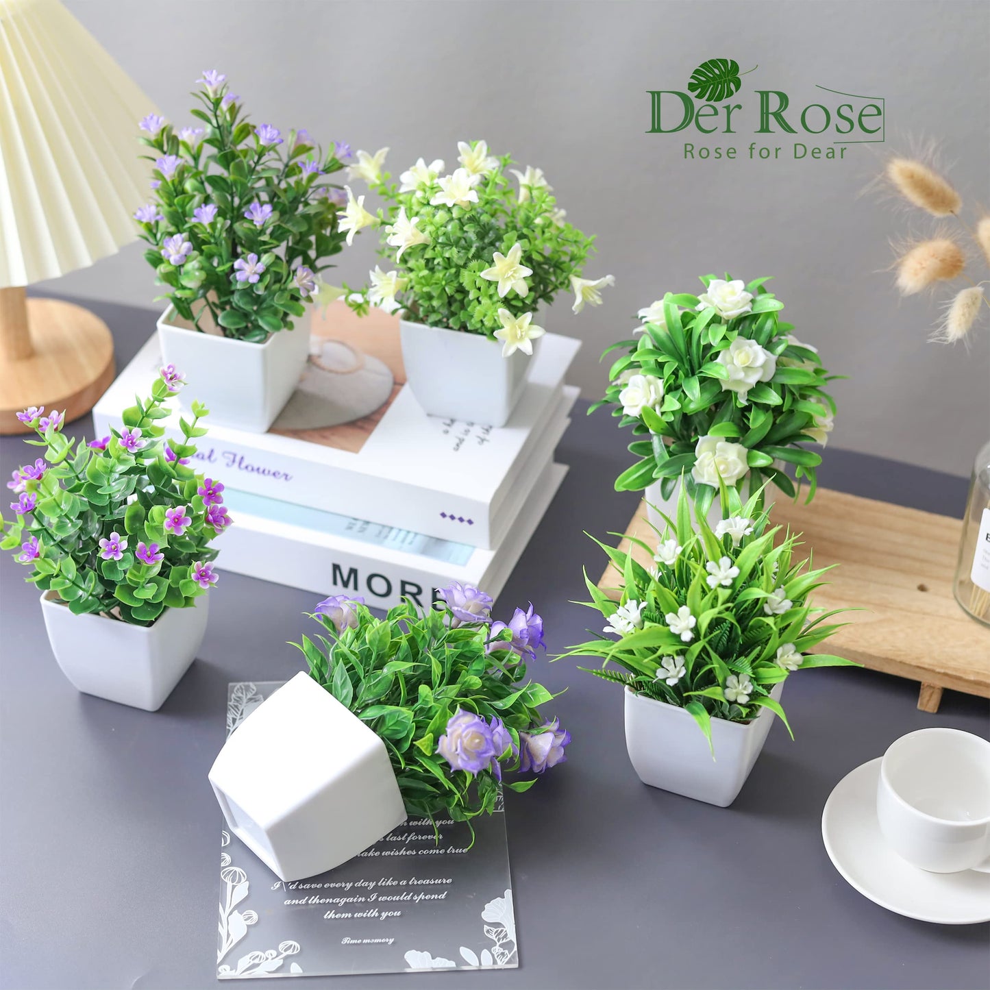 Der Rose 4 Pack Small Fake Plants Mini Artificial Faux Plants with Flowers for Home Room Farmhouse Bathroom Decor Indoor