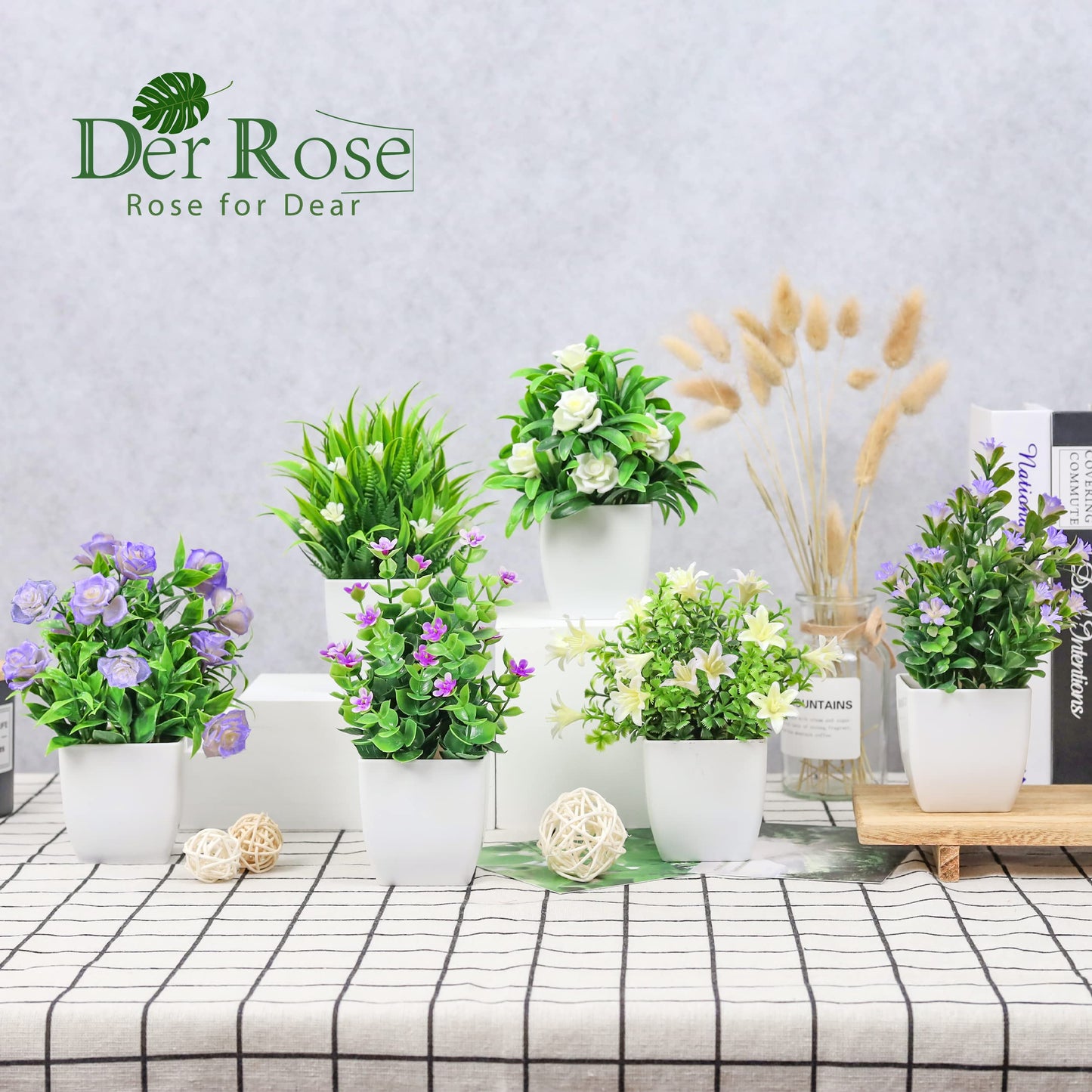 Der Rose 4 Pack Small Fake Plants Mini Artificial Faux Plants with Flowers for Home Room Farmhouse Bathroom Decor Indoor