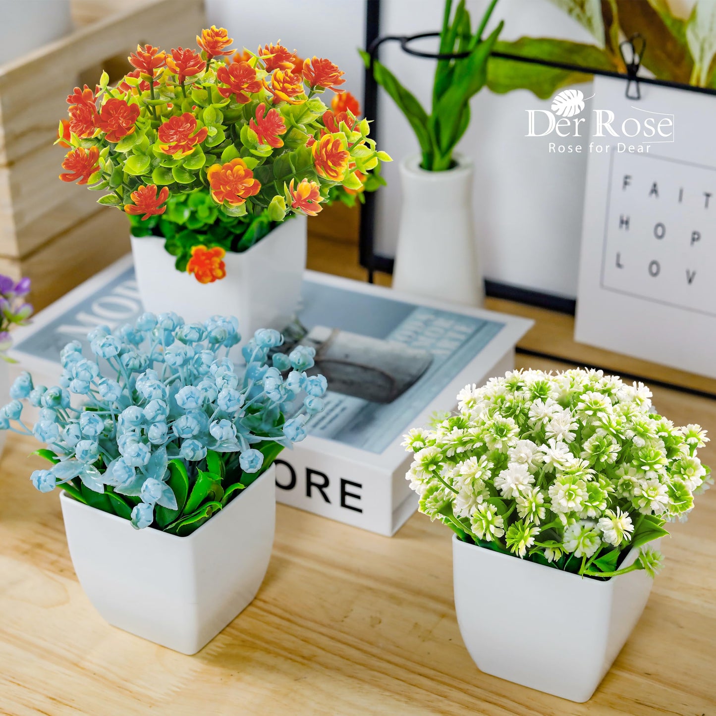 Der Rose 4 Pack Fake Plants Mini Artificial Greenery Potted Plants for Home Decor Indoor Office Table Room Farmhouse