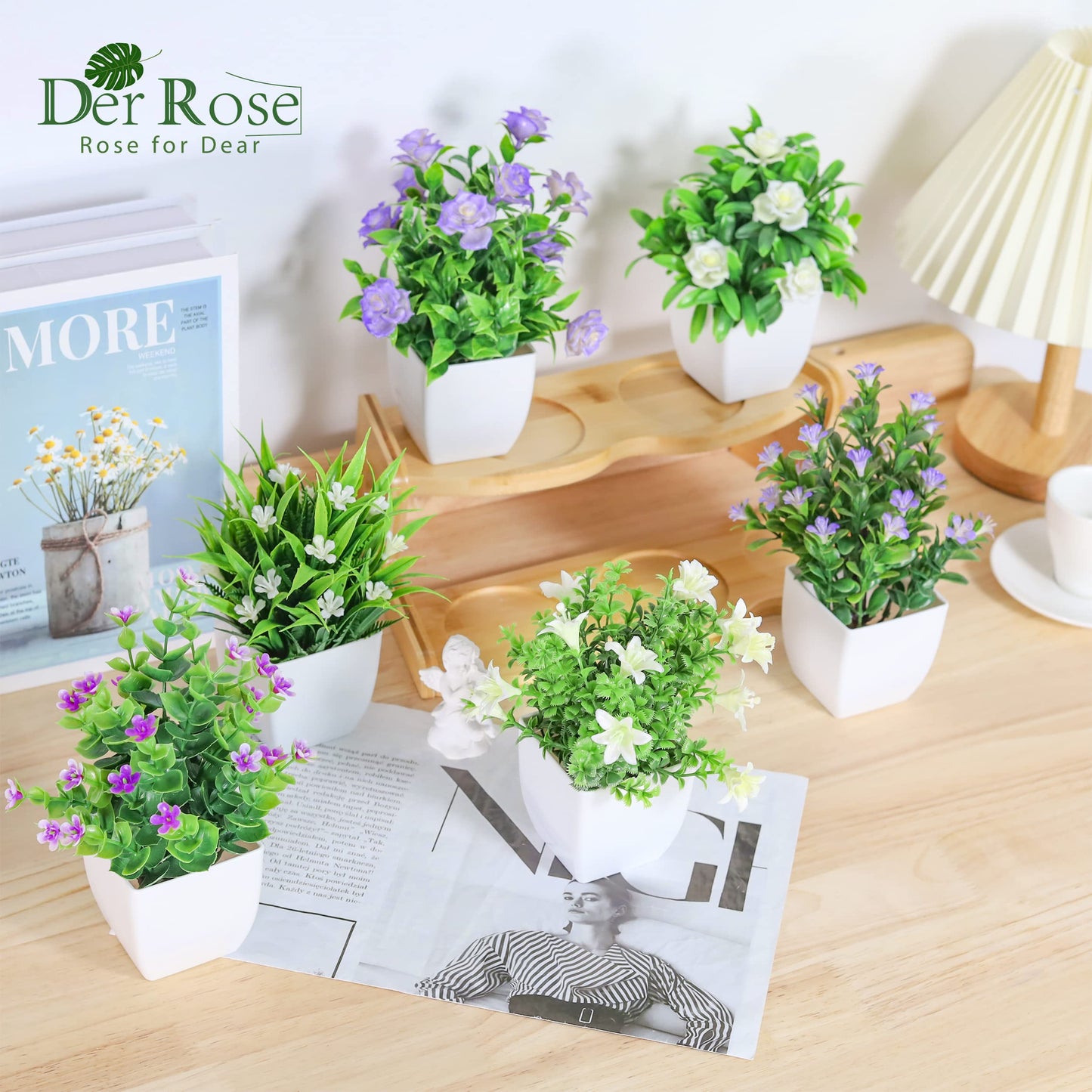 Der Rose 4 Pack Small Fake Plants Mini Artificial Faux Plants with Flowers for Home Room Farmhouse Bathroom Decor Indoor